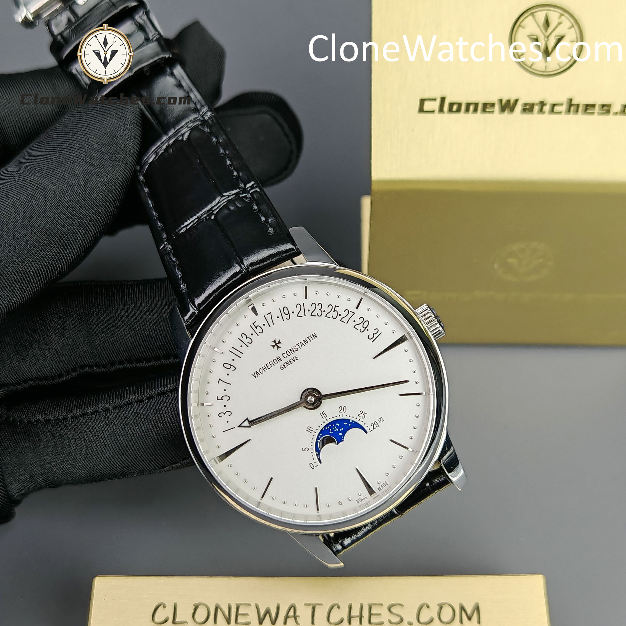 Vacheron Constantin Super Clone Watches 1:1 Patrimony Moon Phase Retrograde Date 4010U/000G-B330 White Dial
