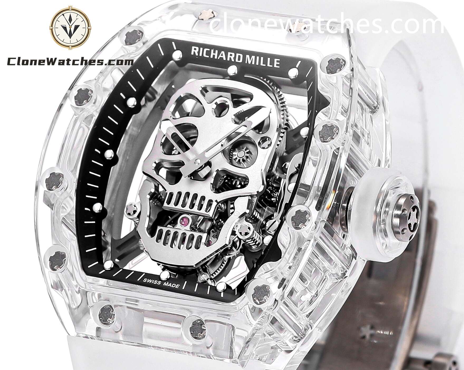Richard Mille Super Clone Watches 1:1 RM 052 Full Transparent Tourbillon Skull White Strap