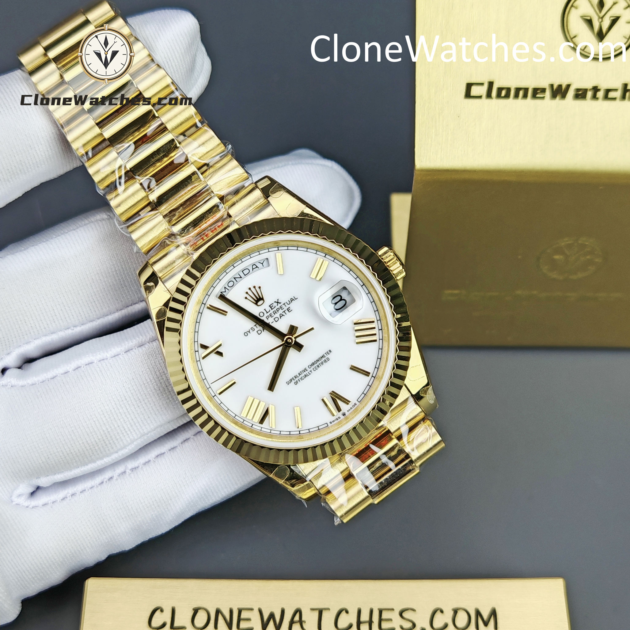 Rolex Super Clone Watches 1:1 Day Date 18K Gold White Dial 40mm m228238-0042 3255 Movement