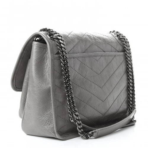SAINT LAURENT Crinkled Calfskin Matelasse Monogram Medium Niki Chain Satchel grey