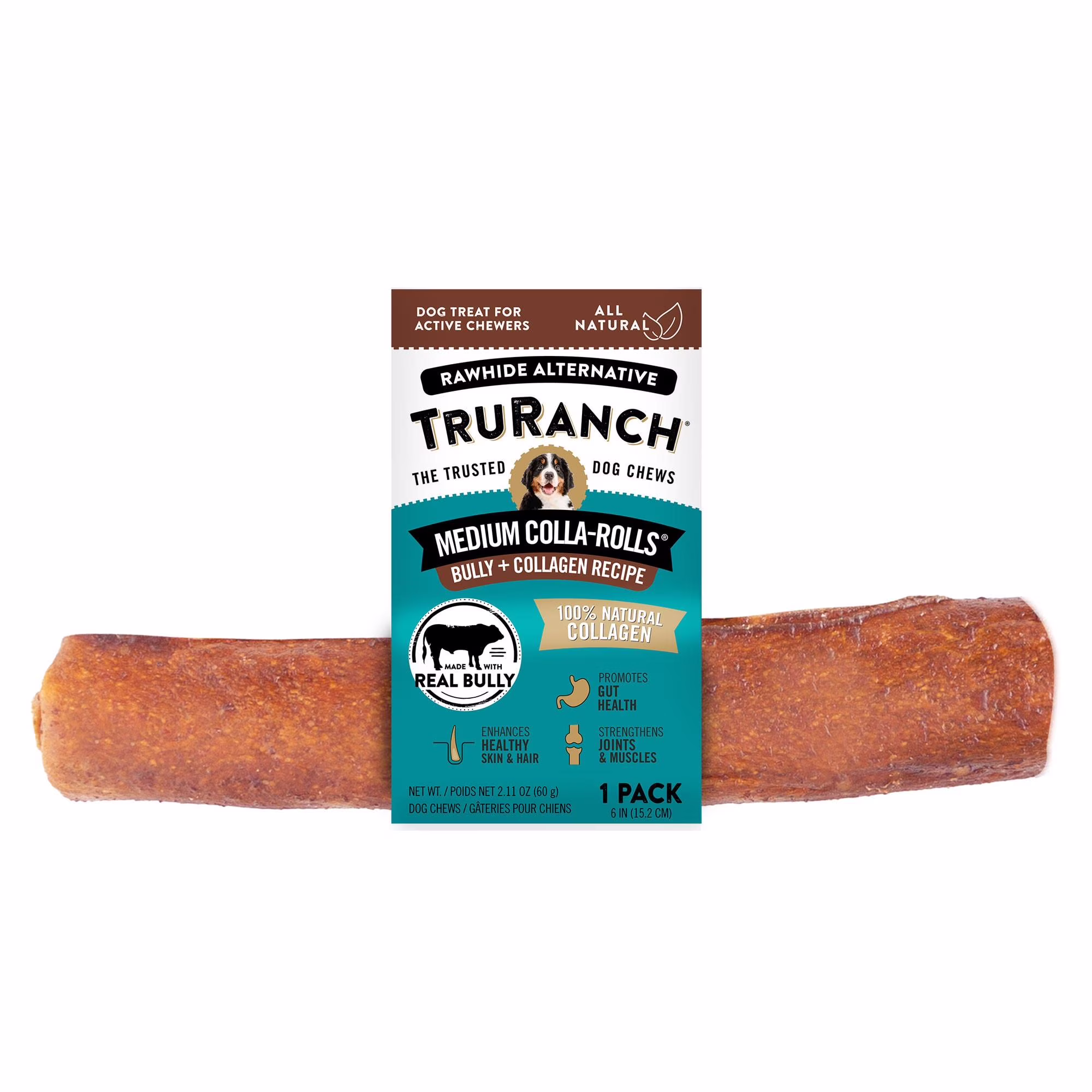 (2 pack) TruRanch All-Natural Rawhide Alternative Dog Treats, Medium Bully Roll, 1 Count