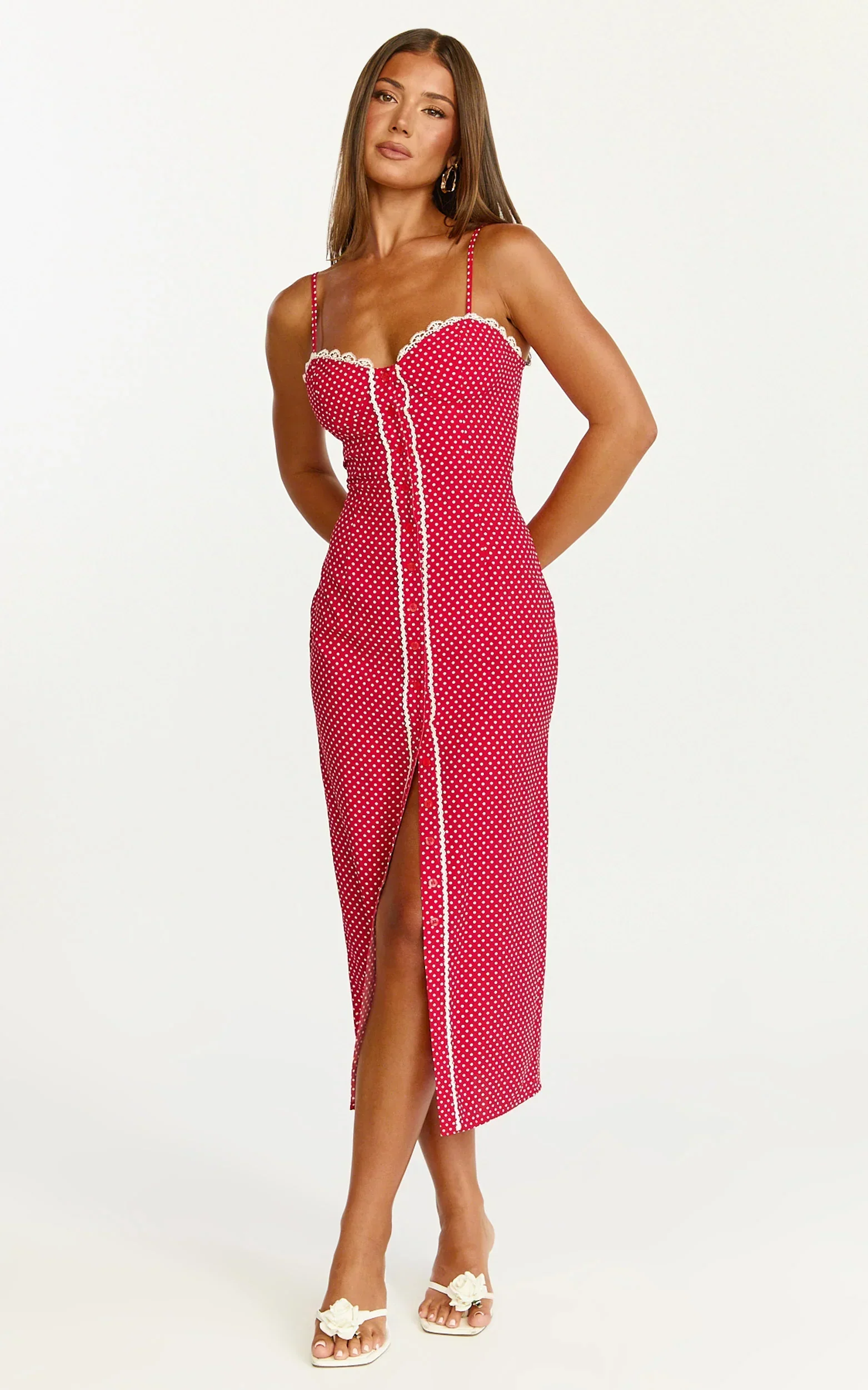 Camille Midi Dress - Button Front Bustier Lace Trim Fitted Dress in Red