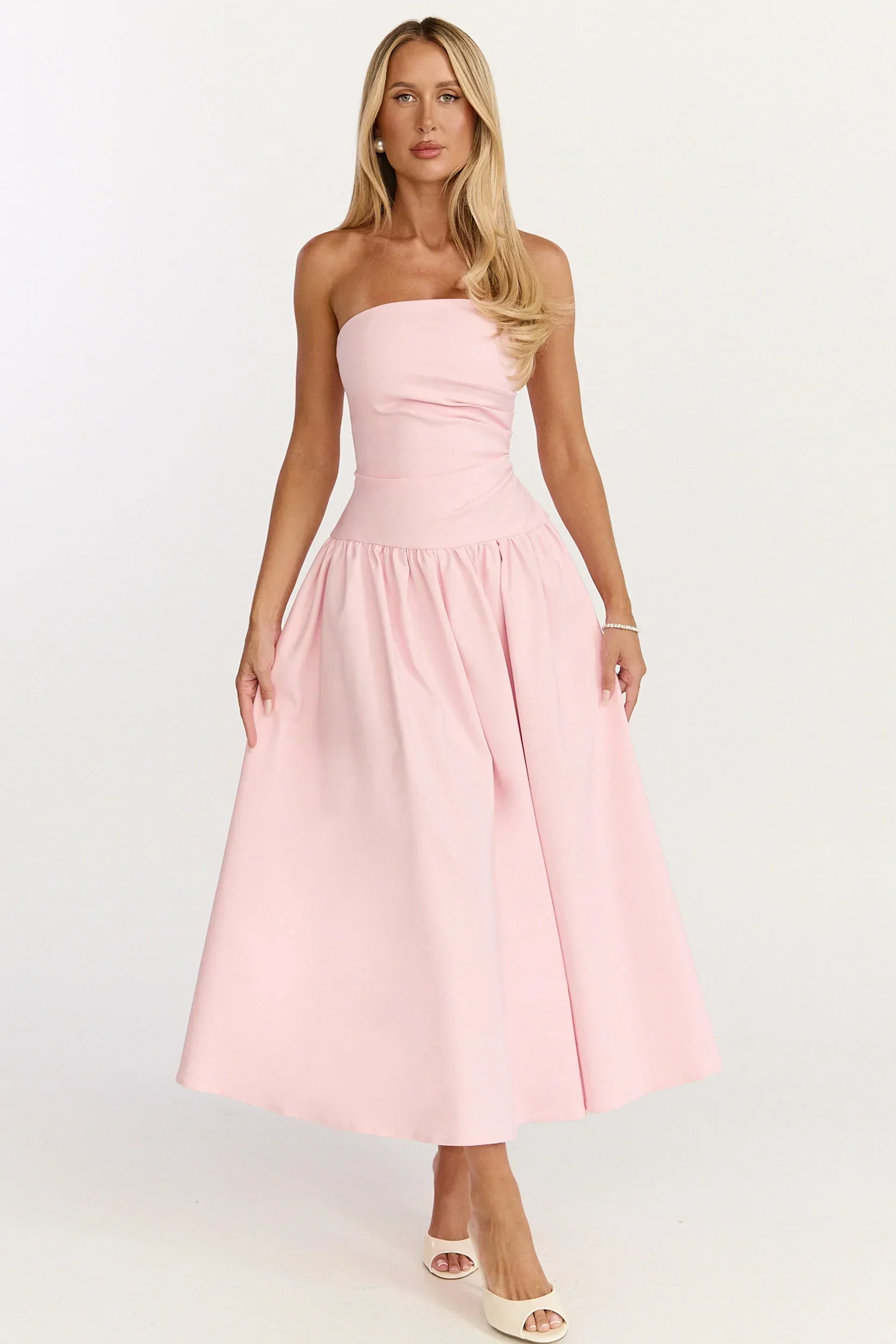 Louisa Maxi Dress - Strapless Side Ruched Dropped Waist Fit And Flare Dress in Pink