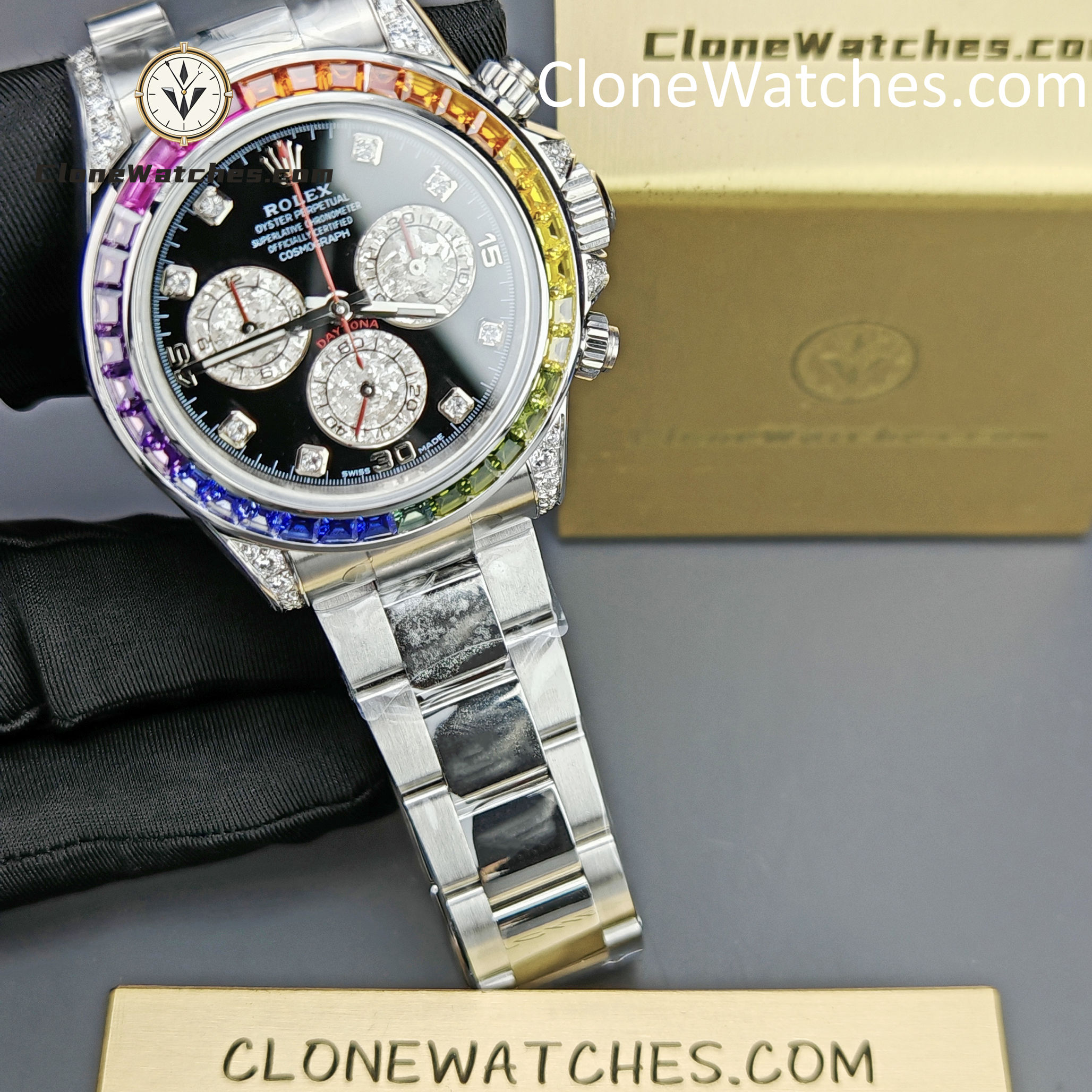 Rolex Super Clone Watches 1:1 Daytona 116599RBOW Rainbow Black Diamonds Dial 4130 Movement