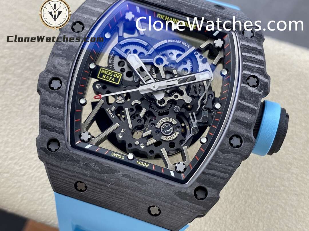Richard Mille Super Clone Watches 1:1 RM 035 – 02 Carbon Tourbillon Blue Strap