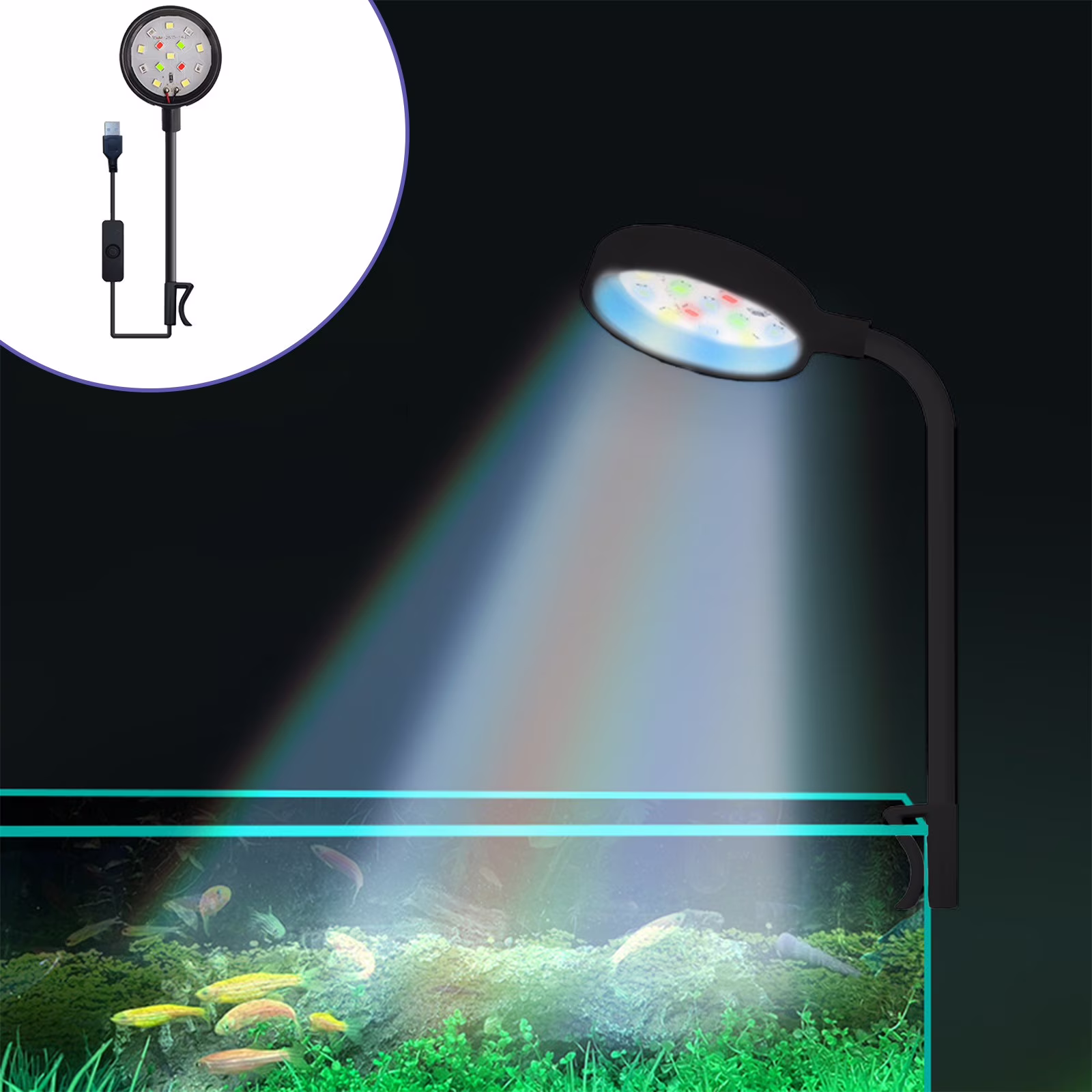 FEOLGEHLY Aquarium LED Light with Clip, Full Spectrum Fish Tank Light, 7-Color Changing Modes, Dimmable, Waterproof, for 10-24 Inch Tanks, Black