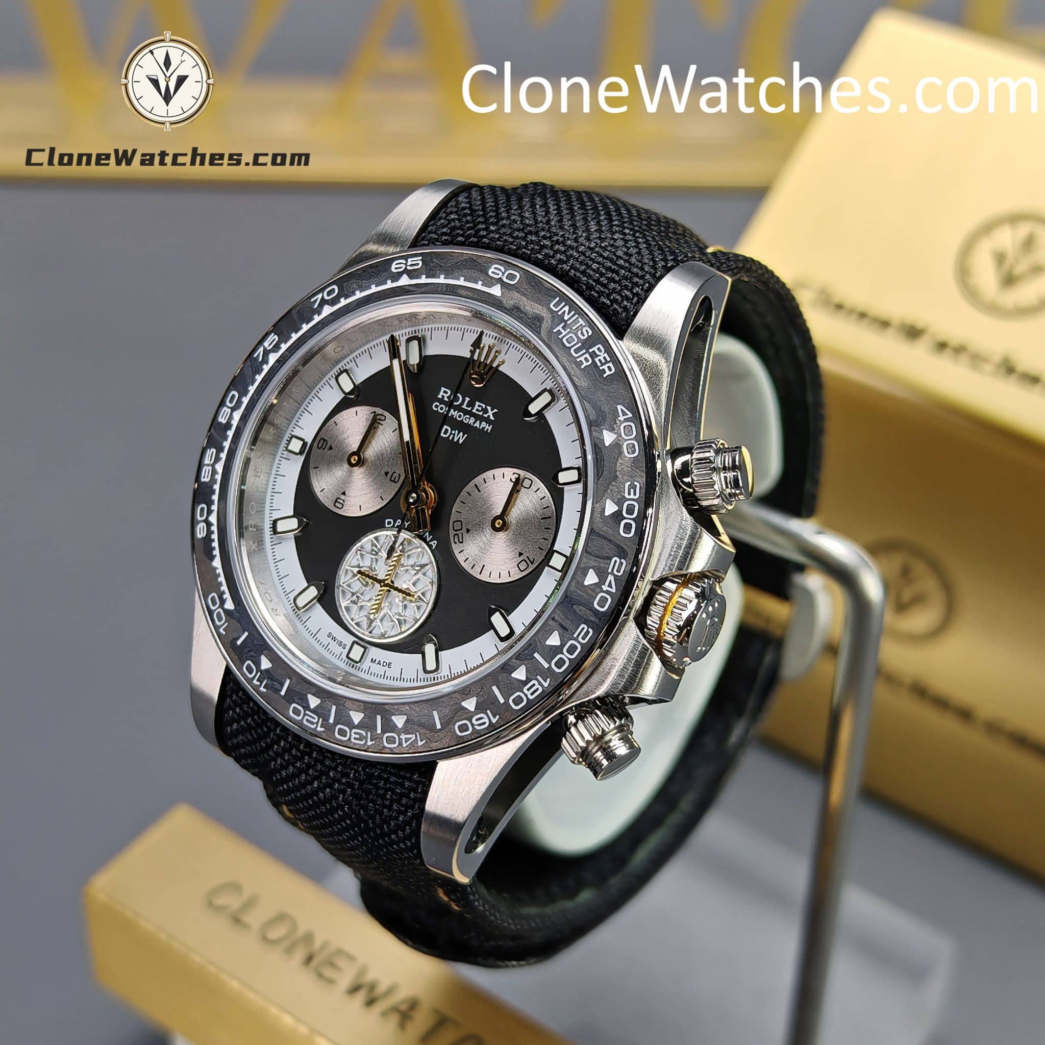 Modified Super Clone Watches 1:1 DiW Rolex Daytona “EXCEPTIONAL UNIQUE” 4130 Movement Black Strap