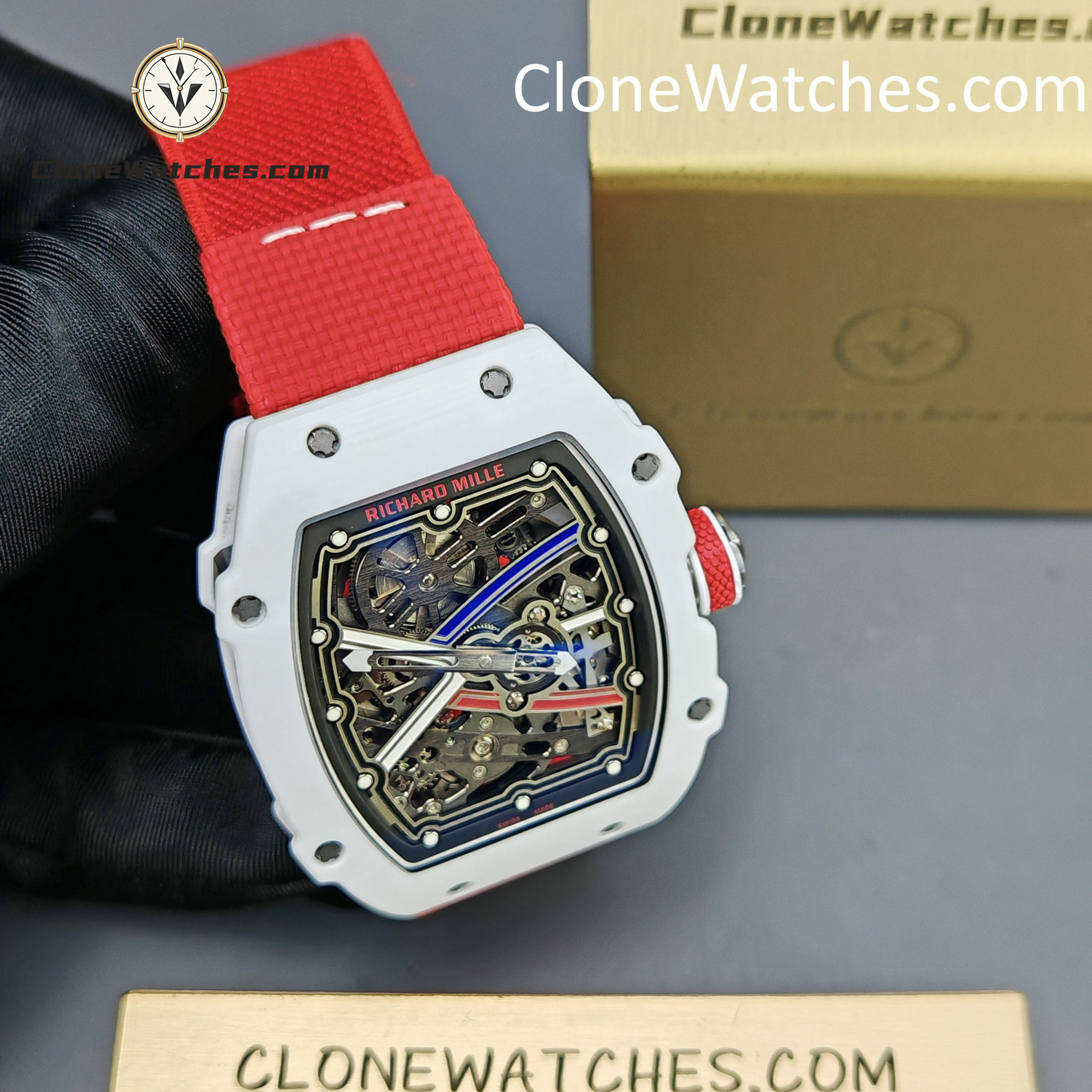 Richard Mille Super Clone Watches 1:1 RM 67 – 02 White Carbon Tourbillon Red Strap