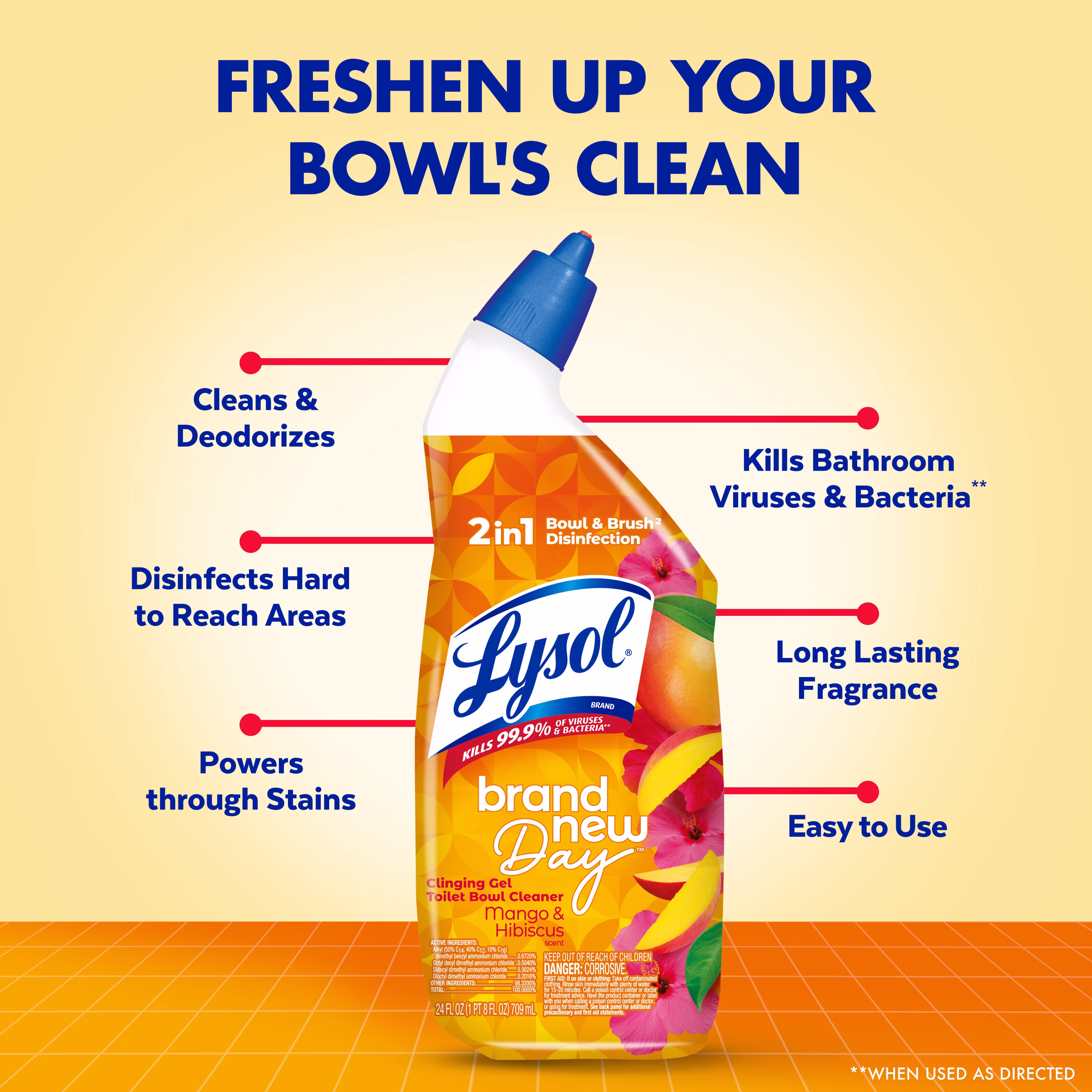 Lysol Toilet Bowl Cleaner Clinging Gel, Disinfecting Bathroom Cleaner and Toilet Bowl Stain Remover, Mango & Hibiscus Scent, 24 fl oz