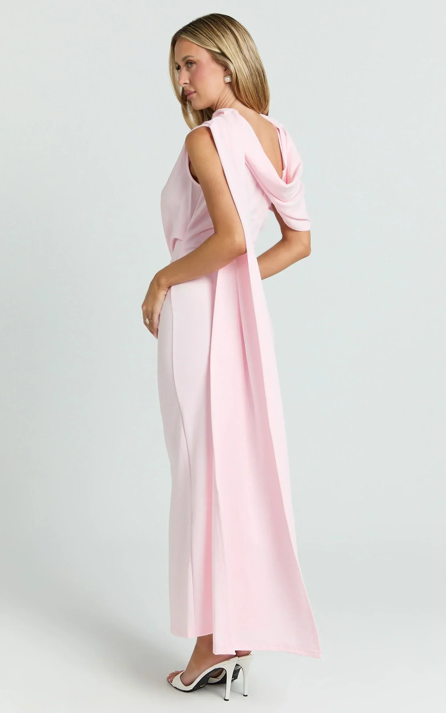 Visenta Midi Dress - Asymmetrical Sleeve Dress in Pink