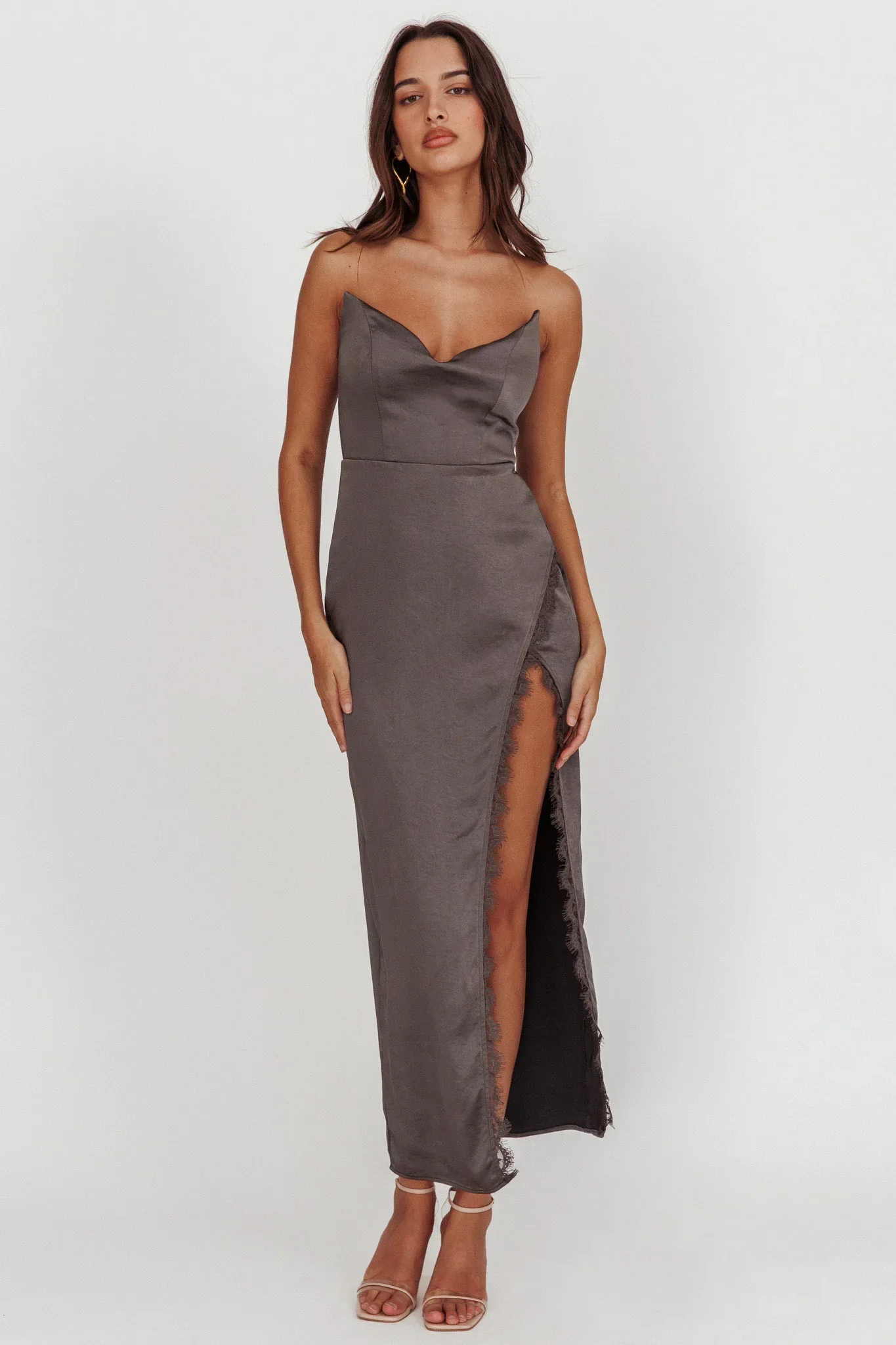Winter Moon Strapless Lace Trim Midi Dress Charcoal