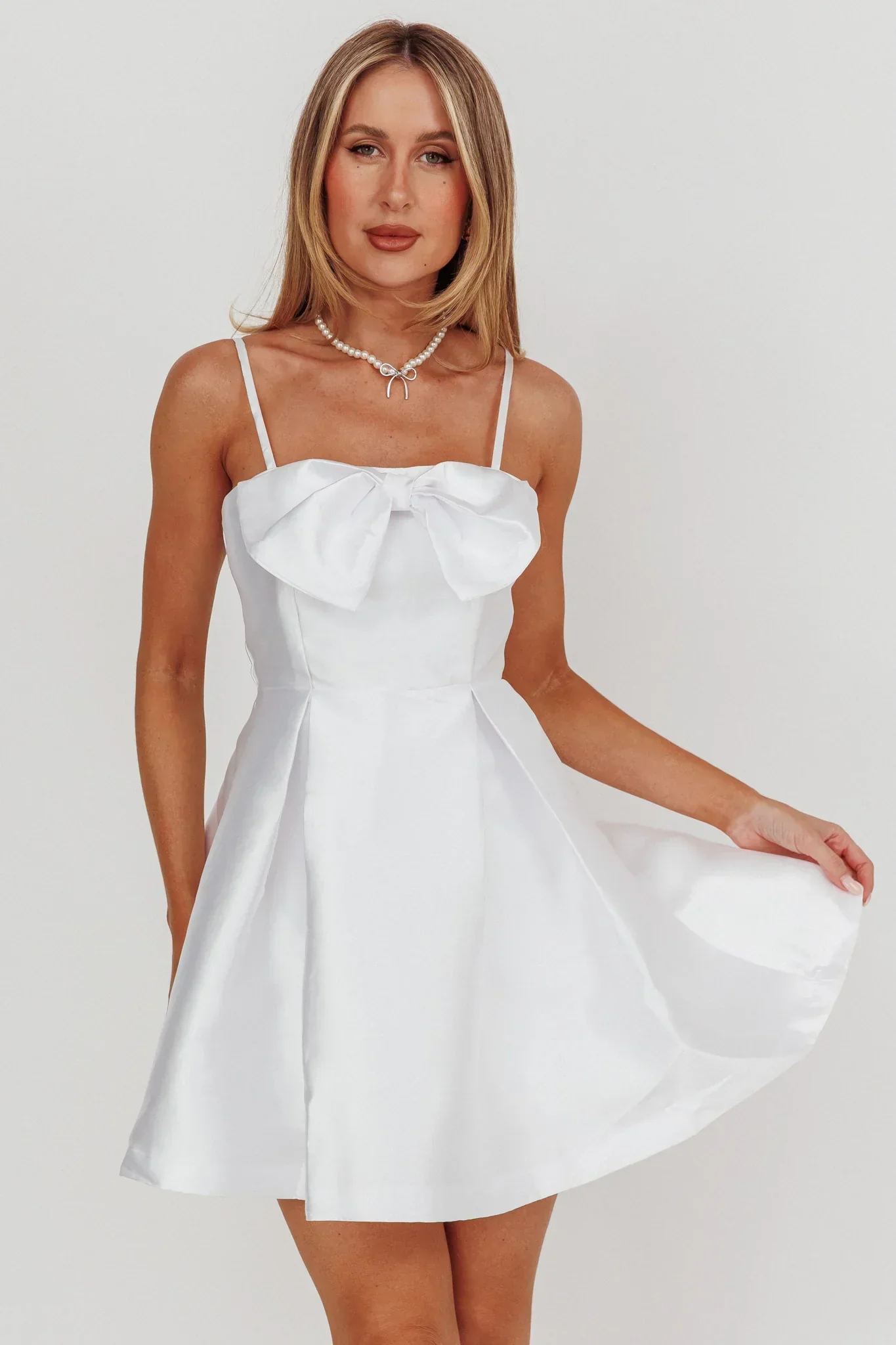 Love Talk Flared Bow Mini Dress White