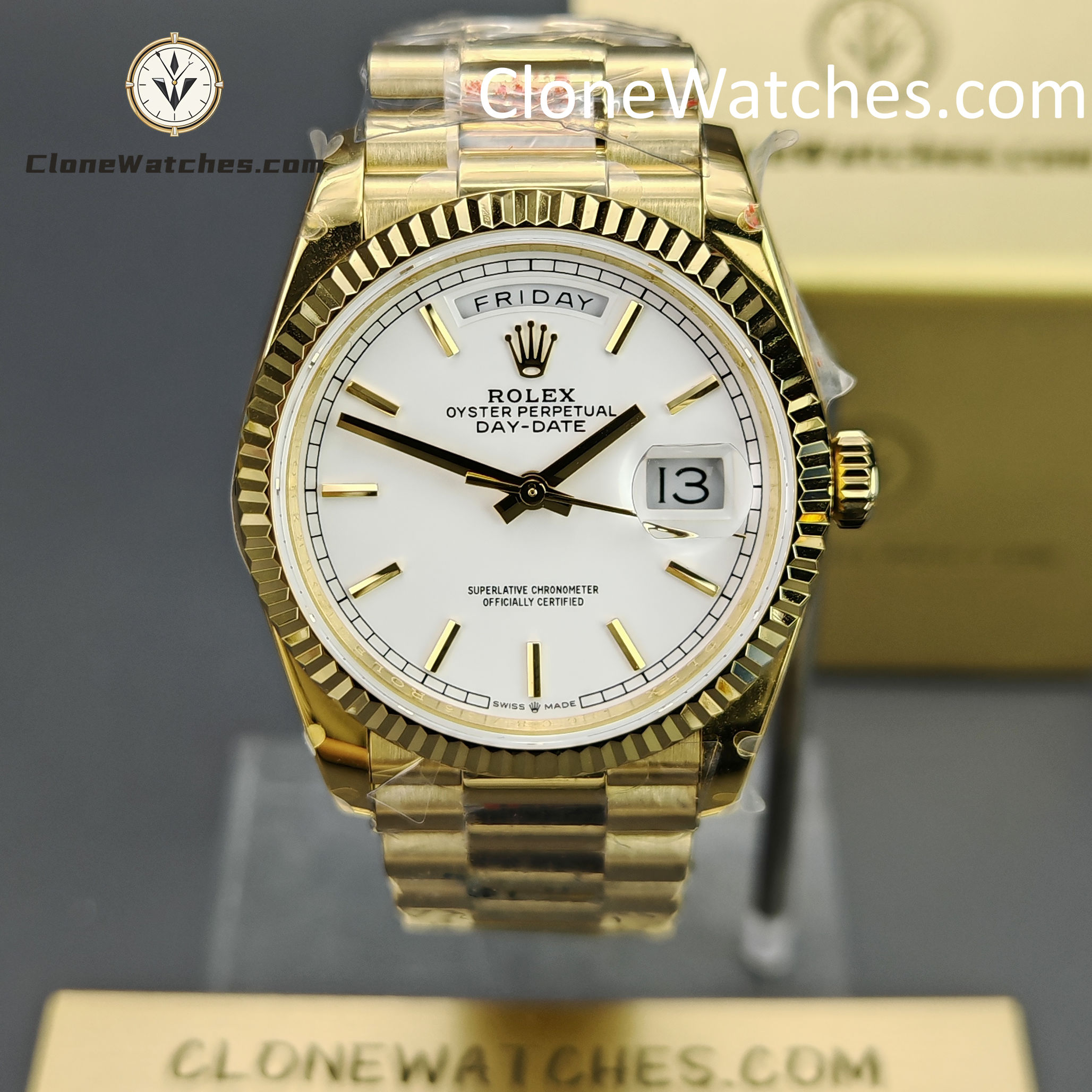 Rolex Super Clone Watches 1:1 Day Date 18K Gold White Dial 36mm m128238-0081 3255 Movement