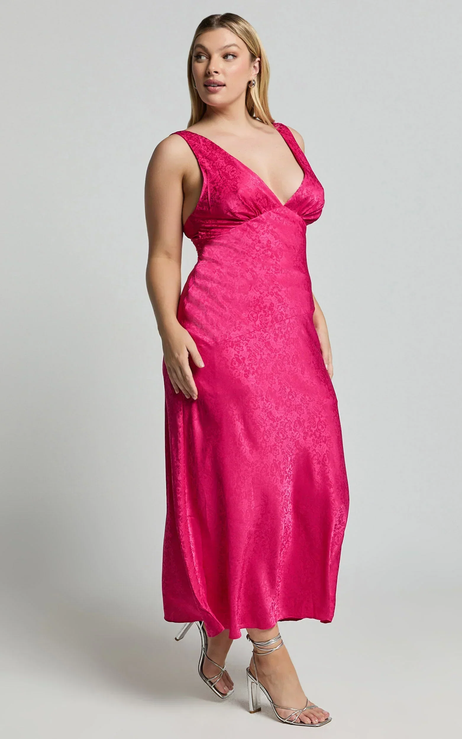 Cohen Midi Dress - Jacquard Satin Midi Dress in Pink