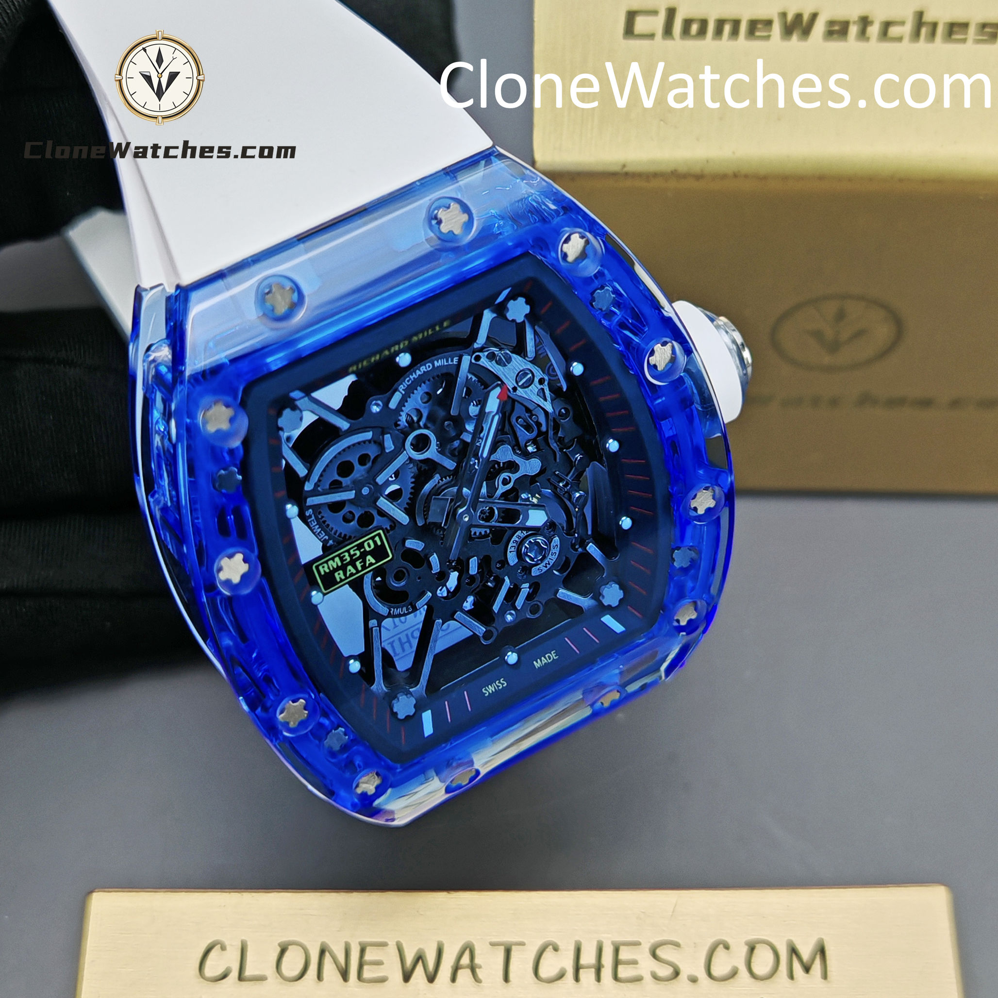 Richard Mille Super Clone Watches 1:1 RM 035 Blue Crystal Tourbillon Transparent Strap