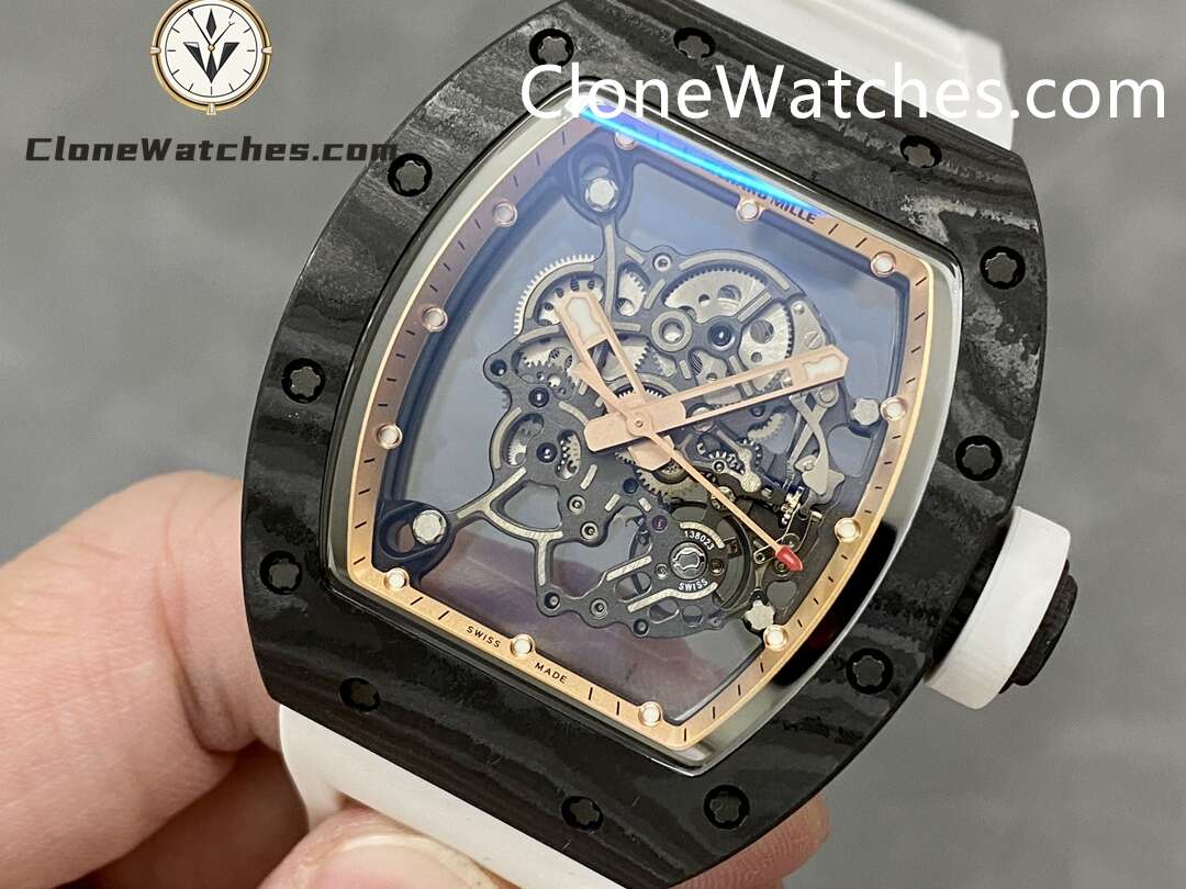 Richard Mille Super Clone Watches 1:1 RM 055 Gold Inner Bezel Carbon Tourbillon White Strap