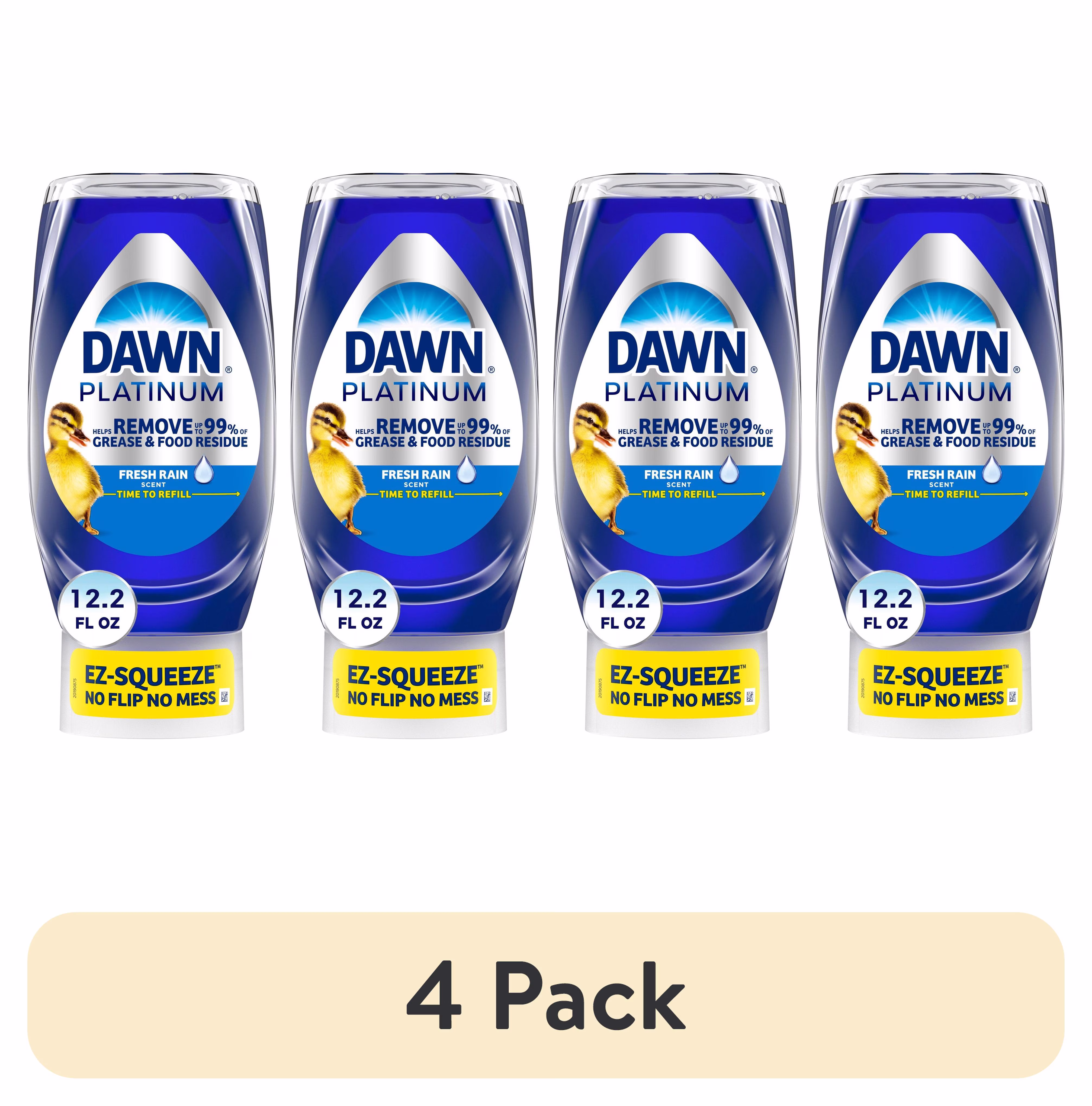 (4 pack) Dawn Platinum EZ-Squeeze Dish Soap Liquid, Dishwashing Liquid, Grease Removal, Fresh Rain, 12.2oz