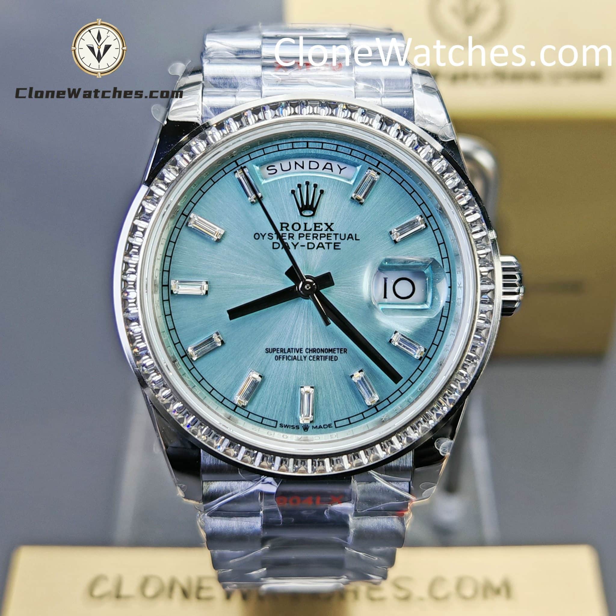 Rolex Super Clone Watches 1:1 Day Date Ice Blue Diamond Bezel Dial 36mm m128396tbr-0003 3255 Movement