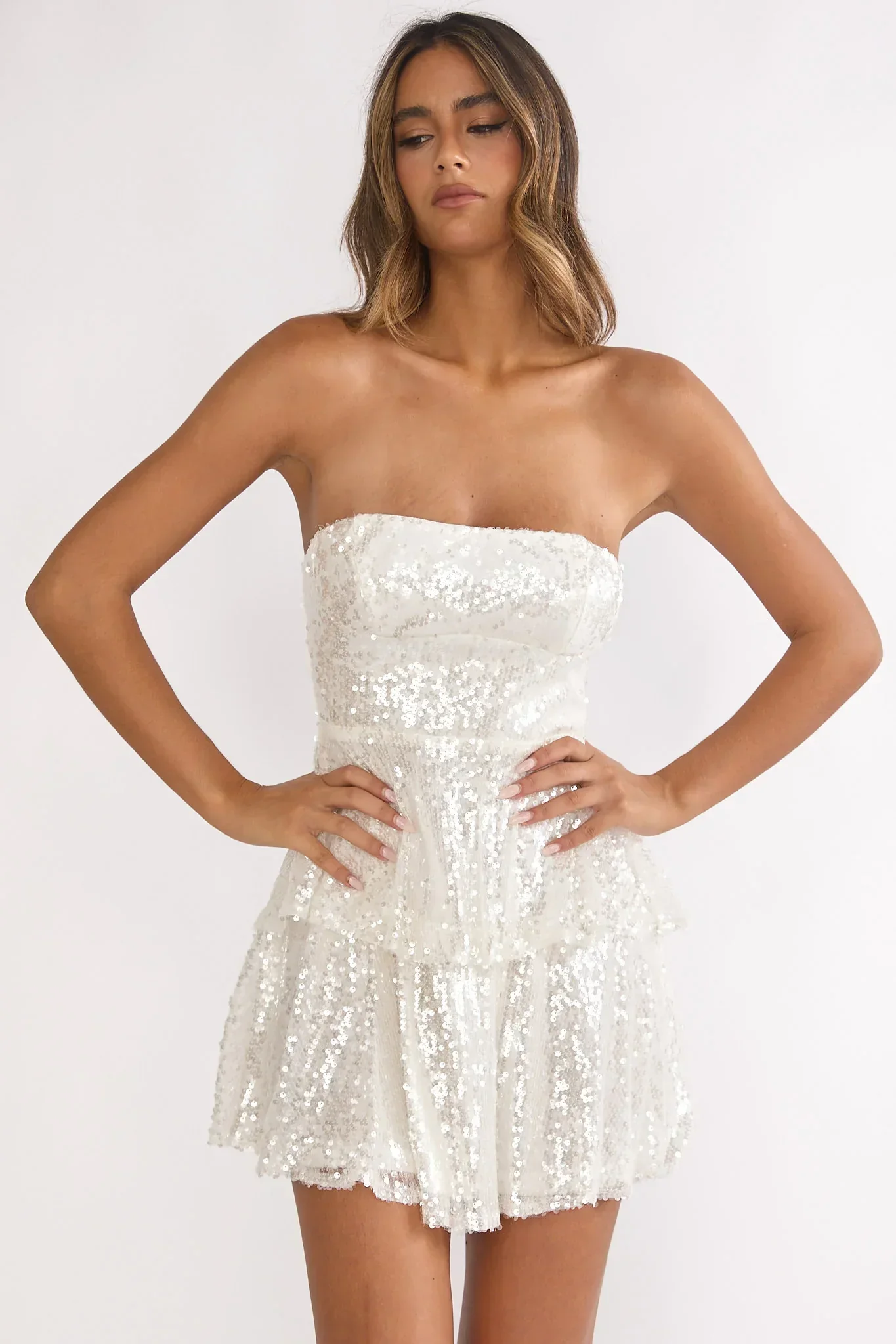 Provence Bloom Tiered Sequin Mini Dress White