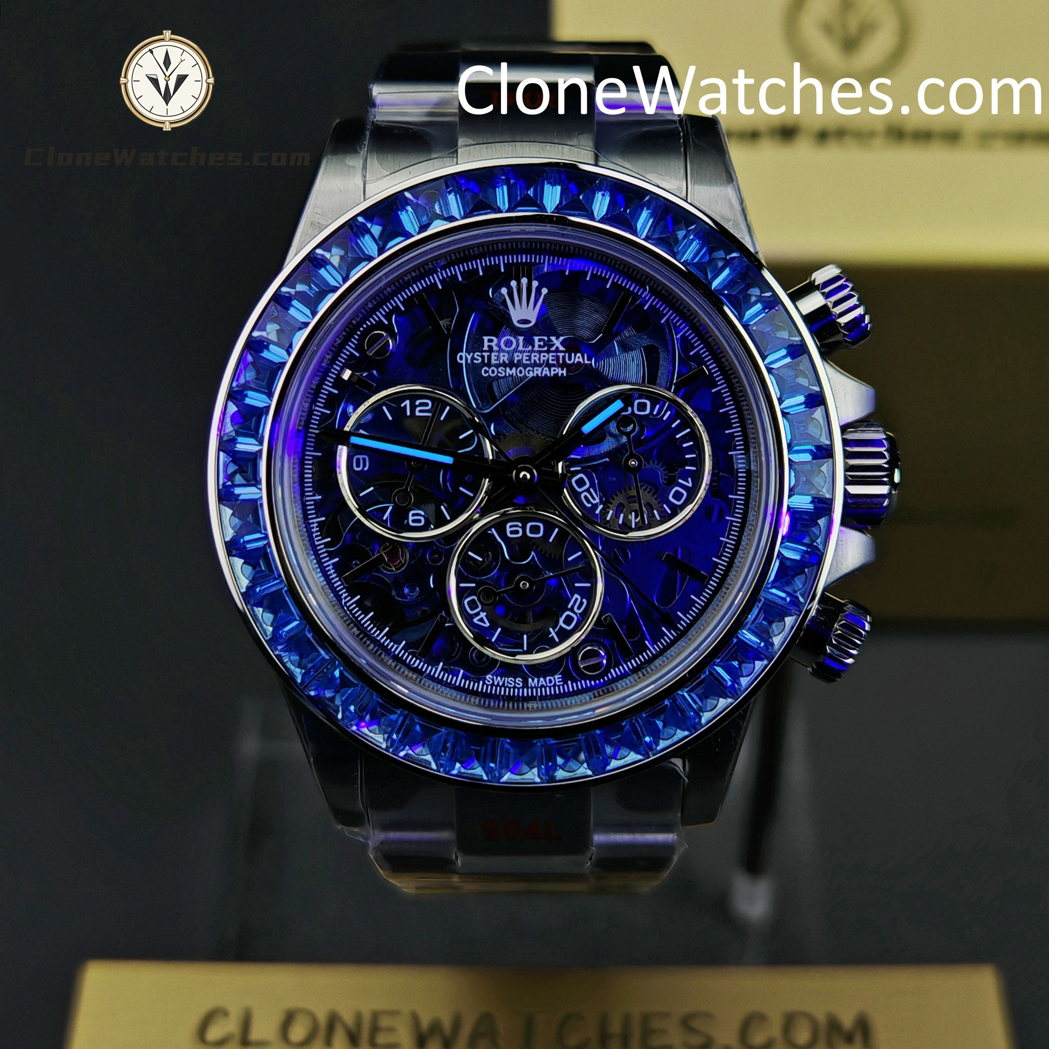 Rolex Super Clone Watches 1:1 Daytona Arolla Blue Crystal Skeleton Dial Diamonds Bezel 4130 Movement
