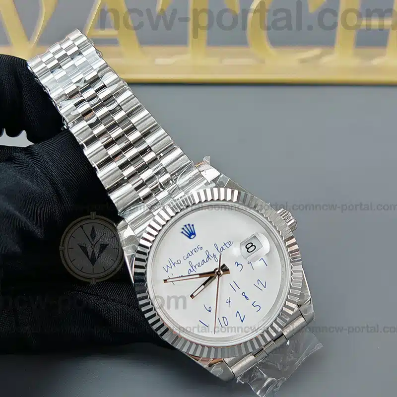 Rolex Super Clone Watches 1:1 DateJust “Who Cares I’m Already Late” White Custom Dial m126334 Jubilee 41MM 3235 Movement