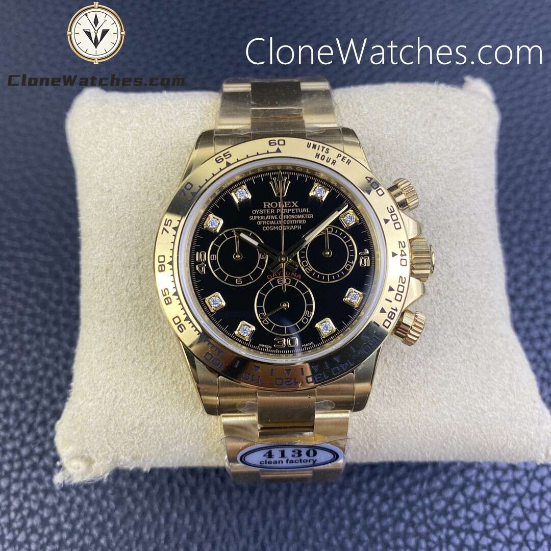Rolex Super Clone Watches 1:1 Daytona 18K Gold Black Diamonds Dial M116508-0008 4130 Movement