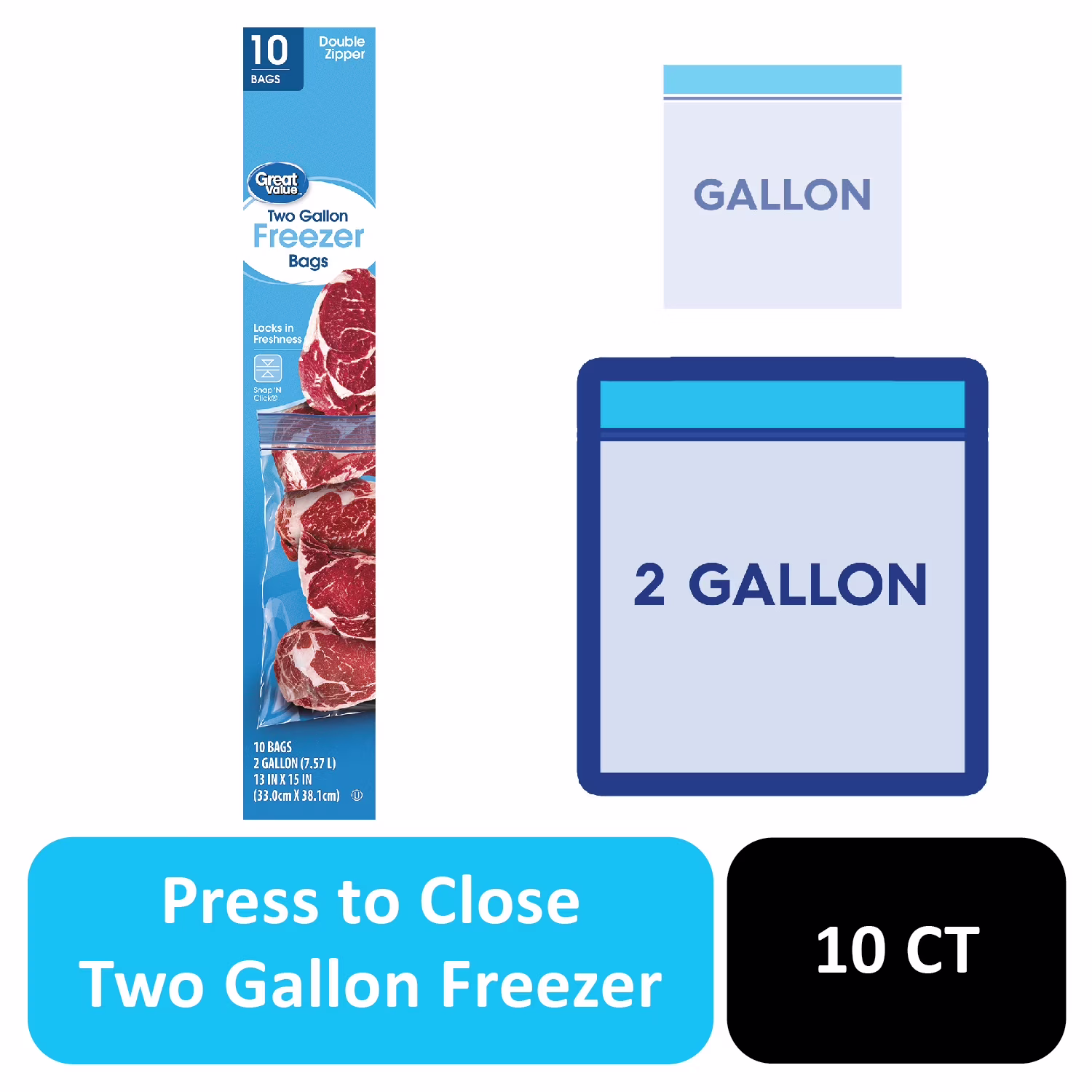 Great Value Double Zipper 2 Gallon Freezer Bag, 10 Count