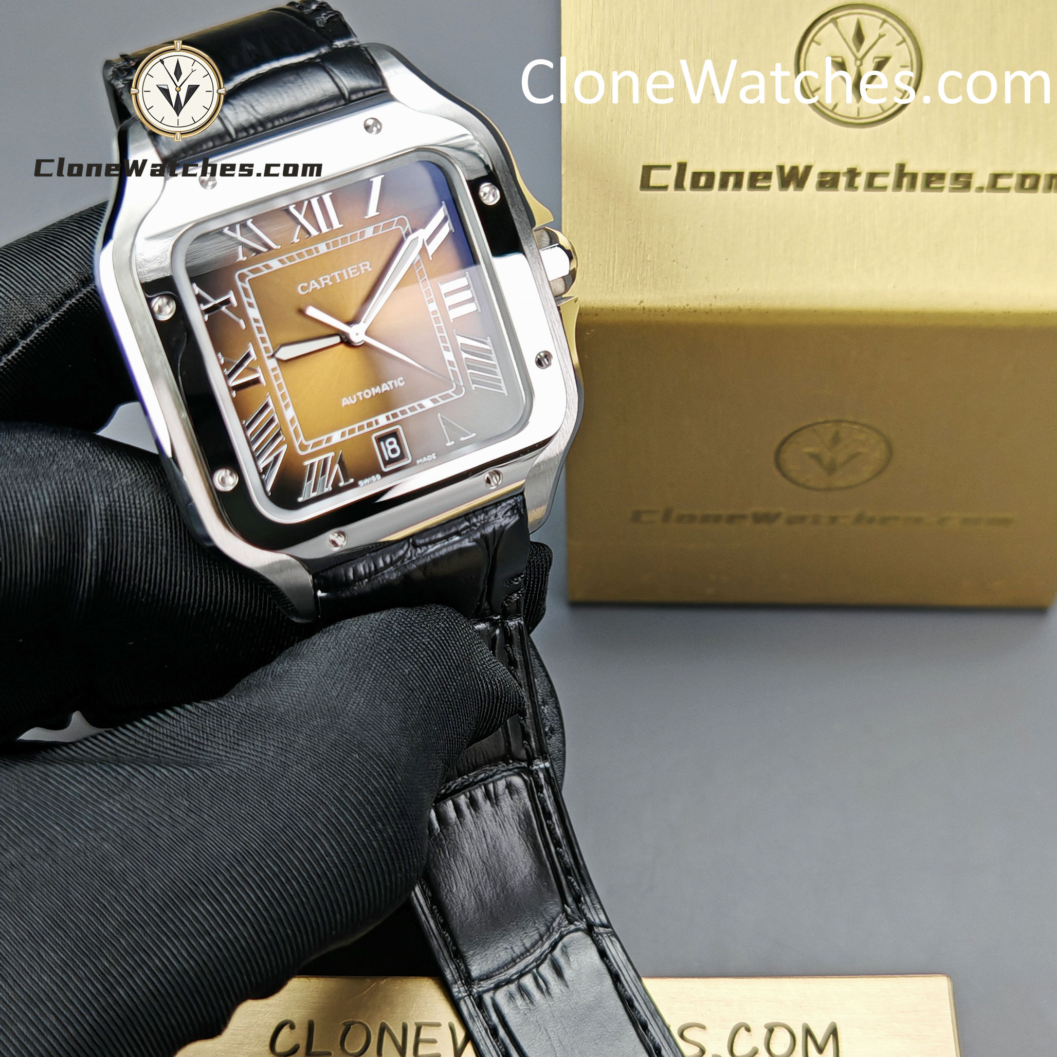 Cartier Super Clone Watches 1:1 Santos Gradient Brown Dial 39.8MM WSSA0064 Black Leather Belt