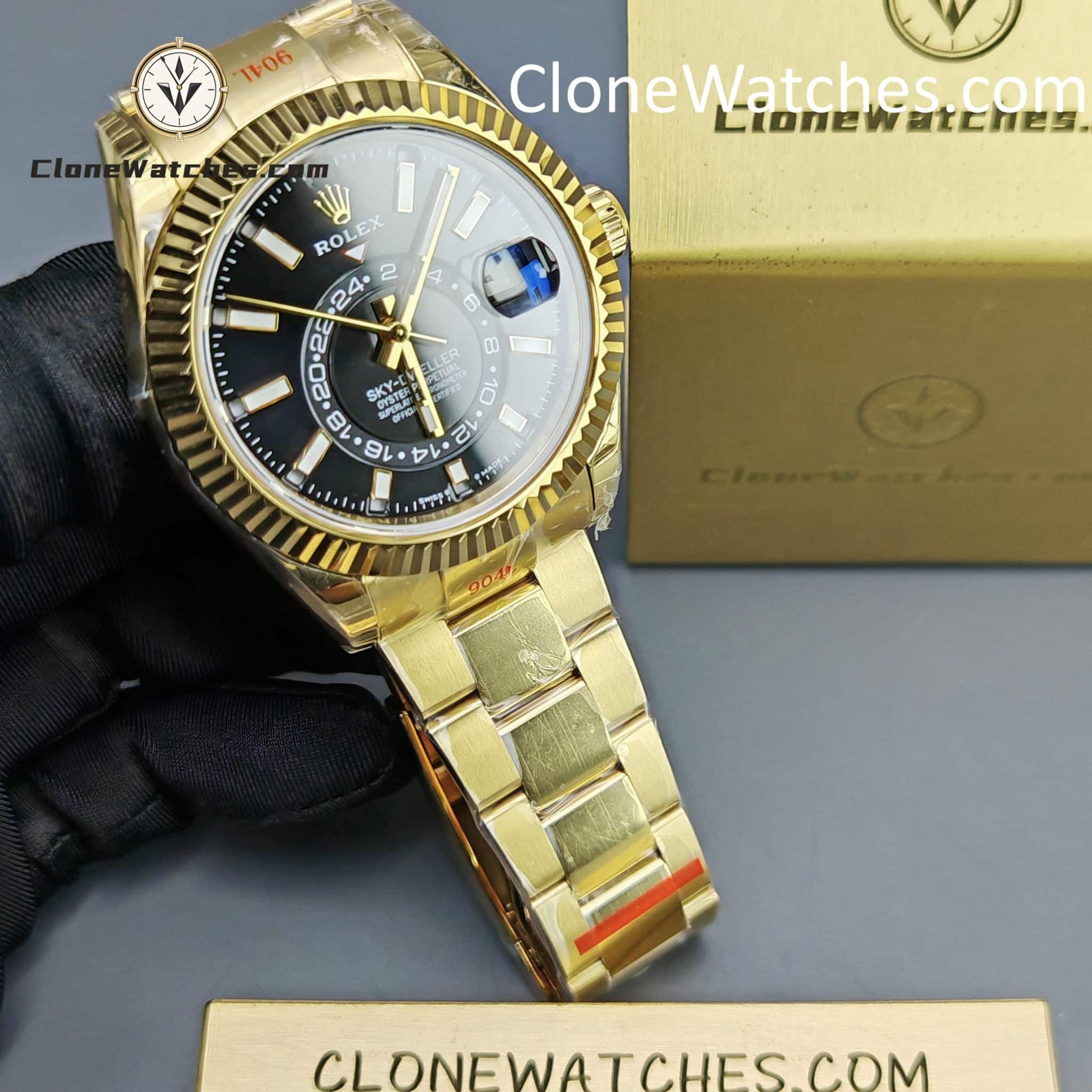 Rolex Super Clone Watches 1:1 Sky Dweller Yellow Gold Black Dial Oyster M336938-0002 9002 Movement