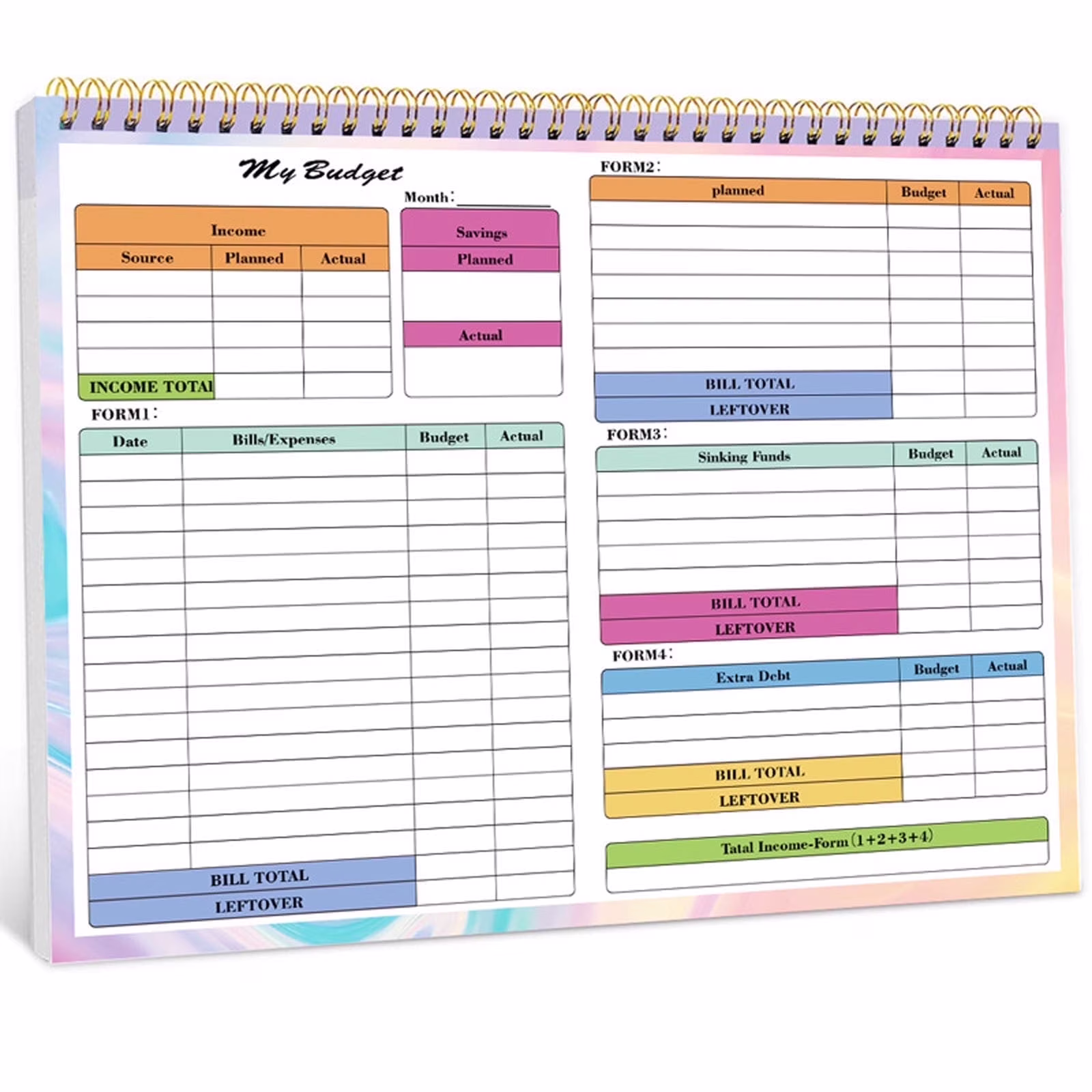 Budget Planner, Monthly Budget Book Bill Organizer, Undated Home Finance Money Expense Saving Debt Tracker Notebook, Spiral Design, 1 Year
