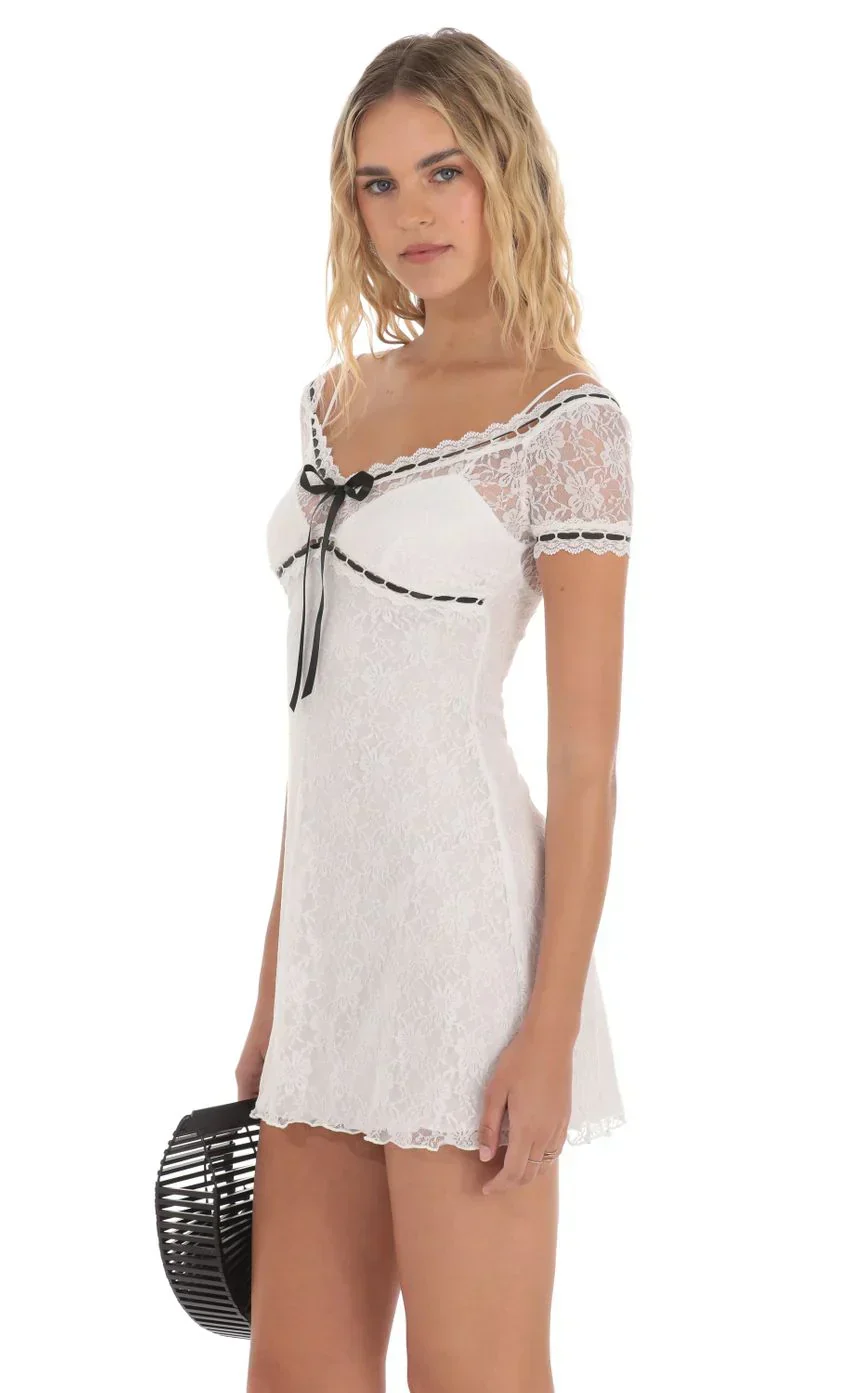 Black Ribbon Lace Dress in White