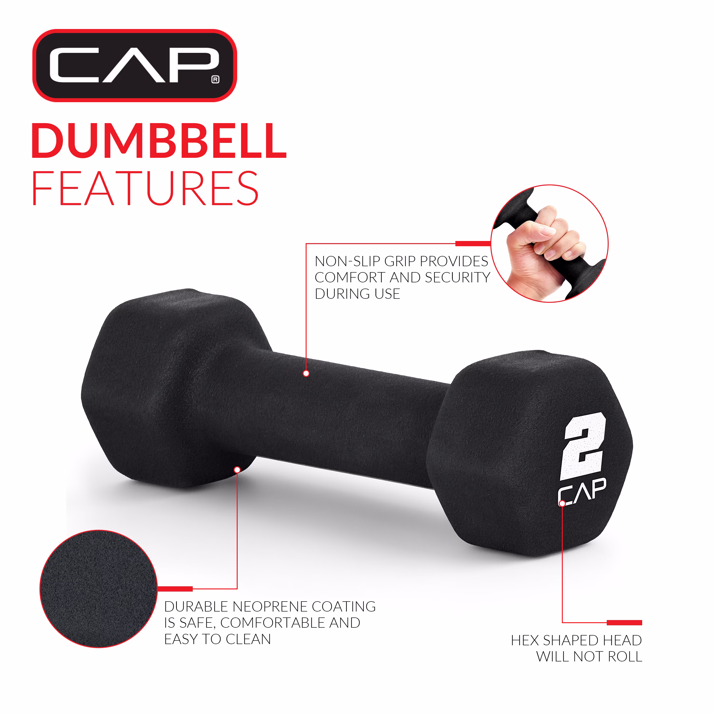 CAP, 2lb Neoprene Dumbbell, Black, Single