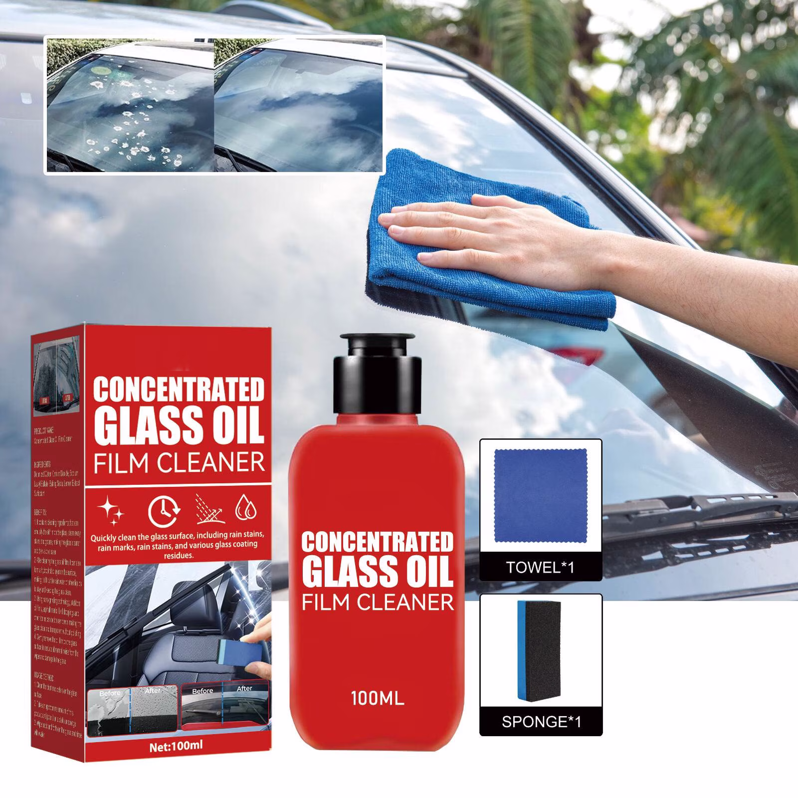 Jpxdew Concentrated Glass Oil Film Cleaner 100ml,Windshield Water Spot Remover Non Damaging,Wiper Noise Solution 4.9×2.1×1.1in