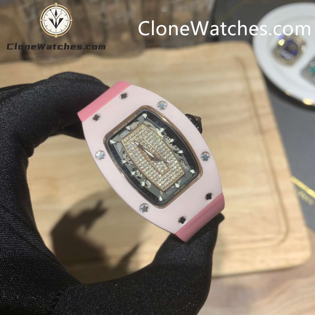 Richard Mille Super Clone Watches 1:1 RM 07 – 01 Pink Ceramic Diamond Dial Pink Strap