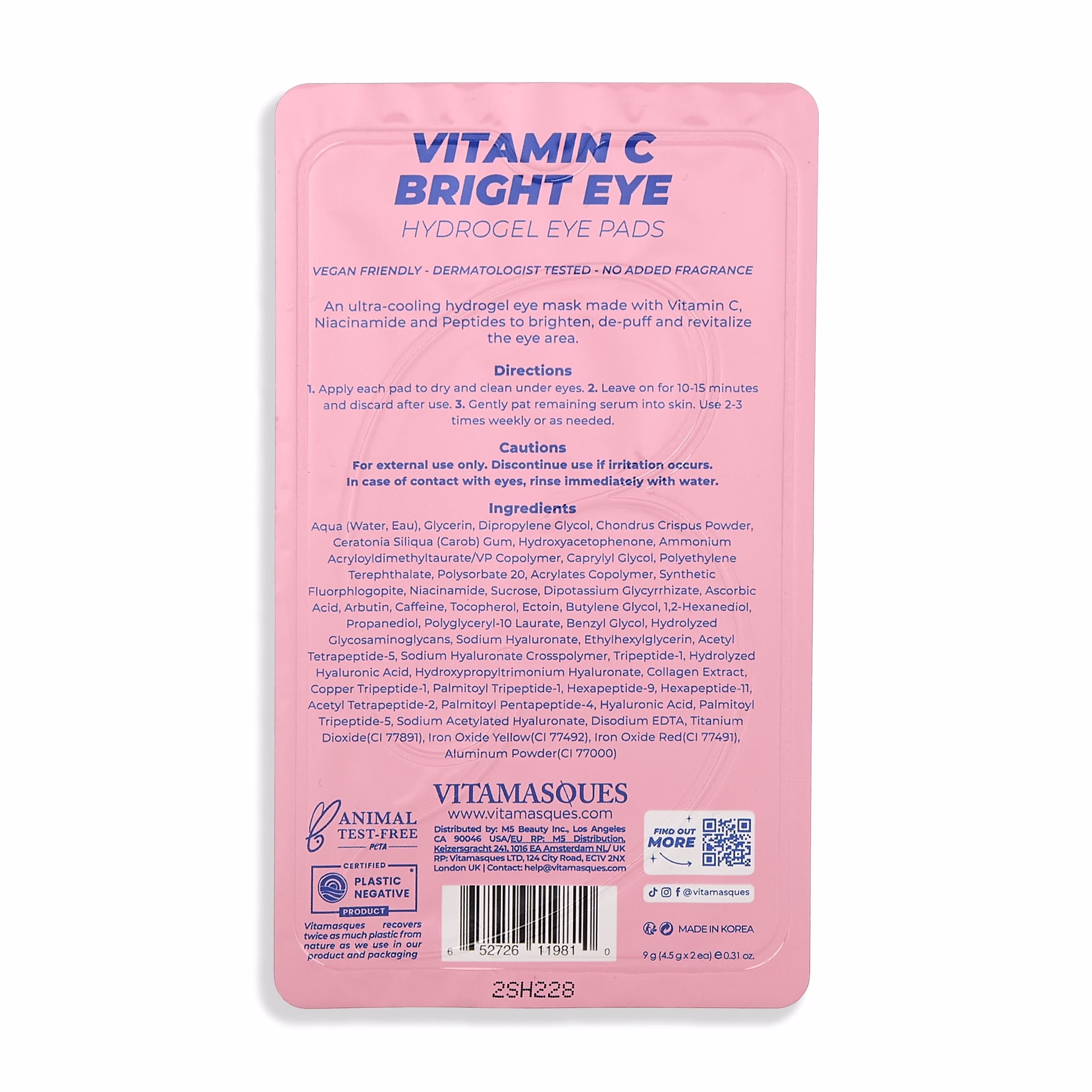 Vitamasques Vitamin C Hydrogel Eye Pads, Brighten, Vegan, 1 Pair