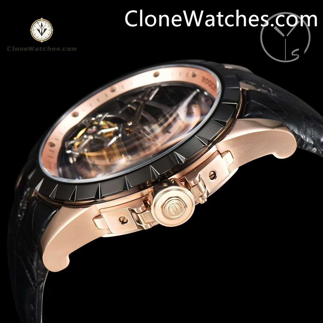 Roger Dubuis Super Clone Watches 1:1 Excalibur Rose Gold Skeleton Double Flying Tourbillon RDDBEX0397 45MM
