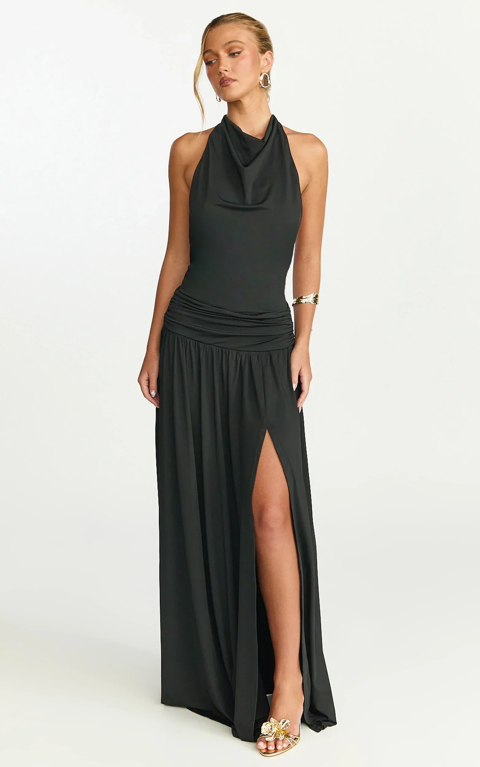 Sophia Maxi Dress - Backless High Cowl Neck Jersey Dress in Black