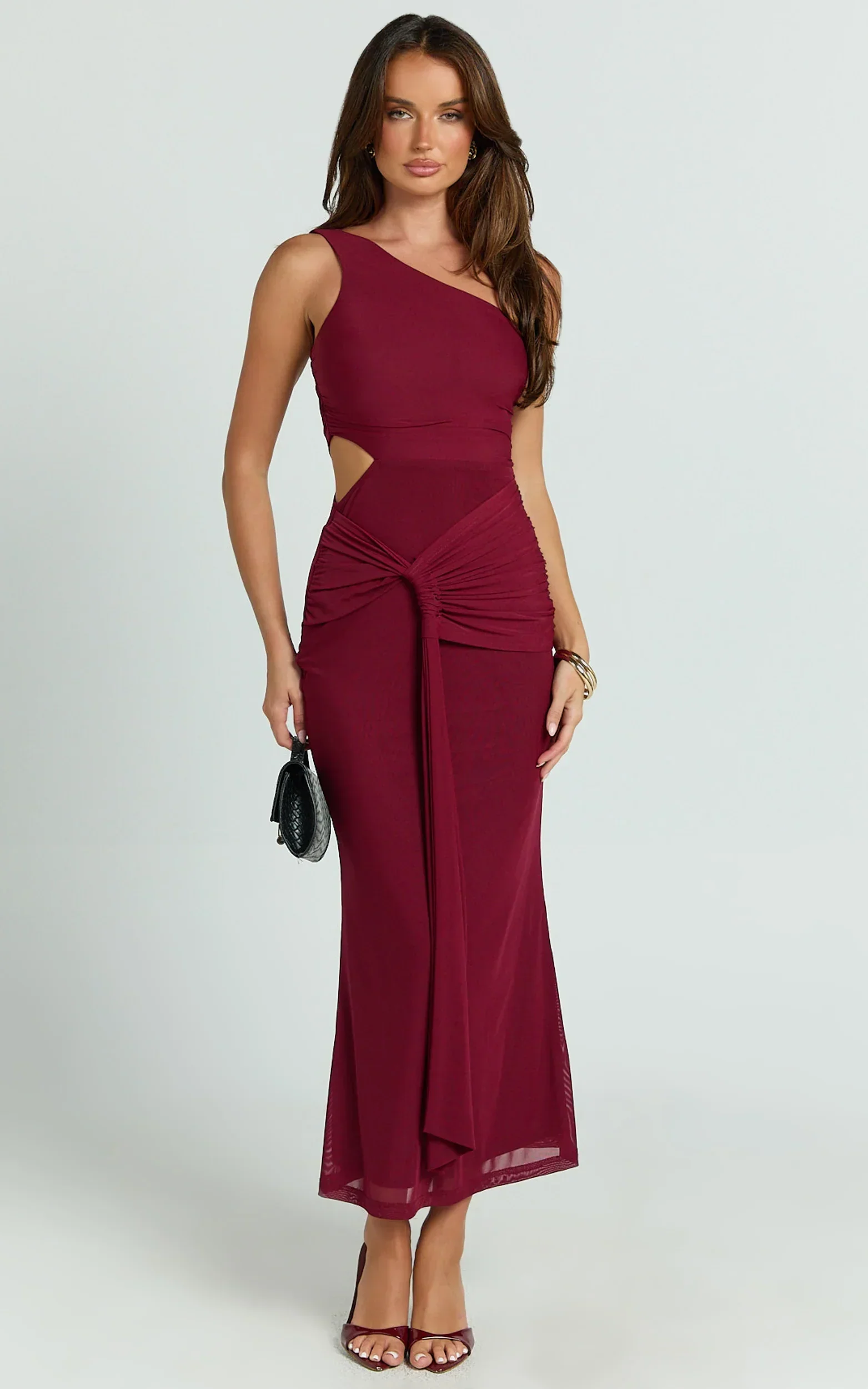Mandy Midi Dress - Knot Detail Cut Out Mesh Dress in Wine