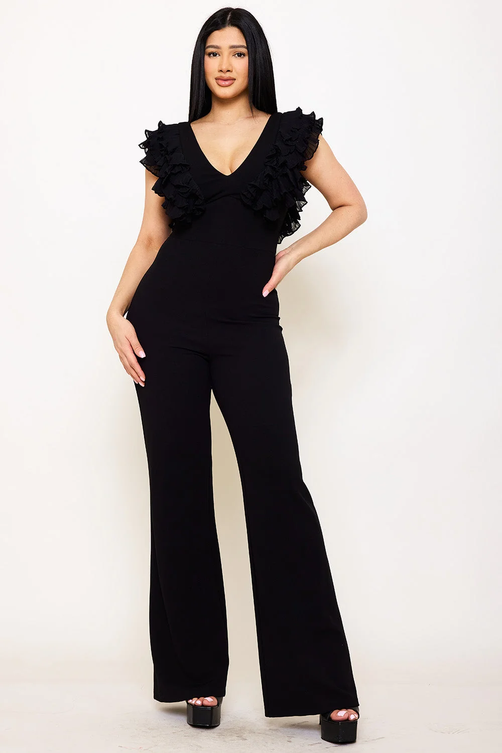 Symphony Jumpsuit - Ruffle Sleeve Techno Crepe Jumpsuit
