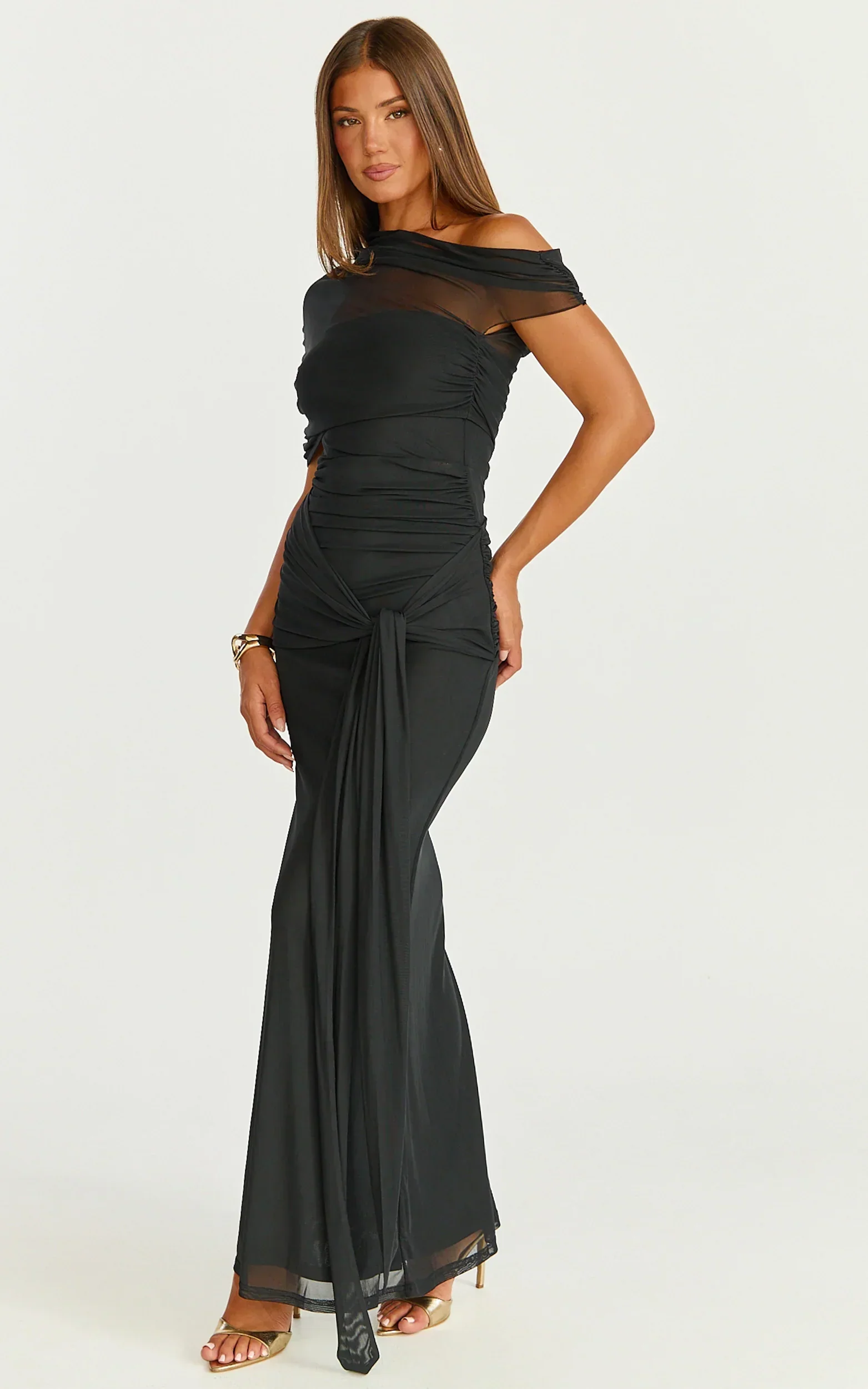 Nicolette Maxi Dress - Cape Sleeve Off Shoulder Dress in Black