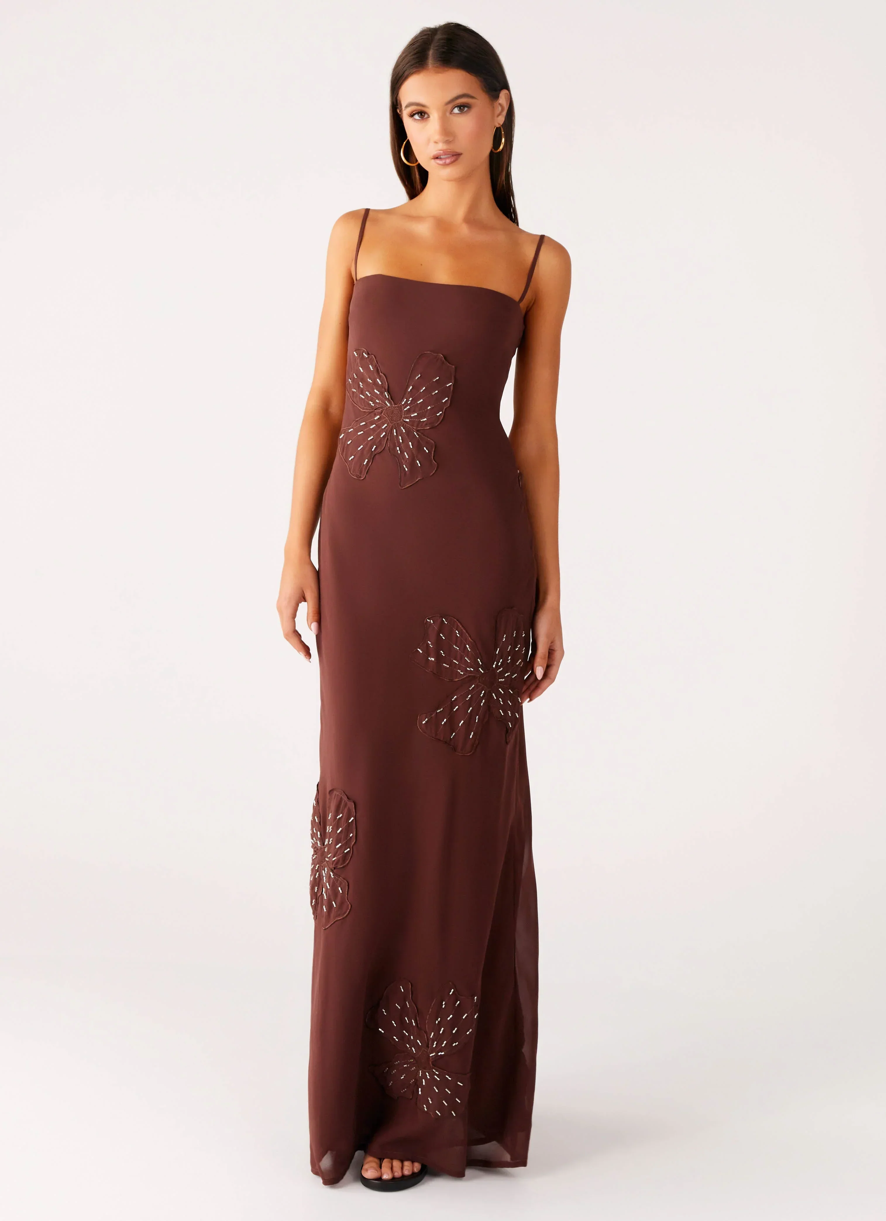 Bayla Beaded Flower Maxi Dress - Chocolate