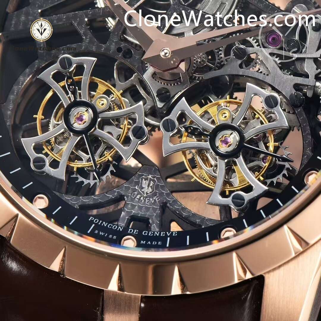 Roger Dubuis Super Clone Watches 1:1 Excalibur Rose Gold Skeleton Double Flying Tourbillon RDDBEX0395 45MM