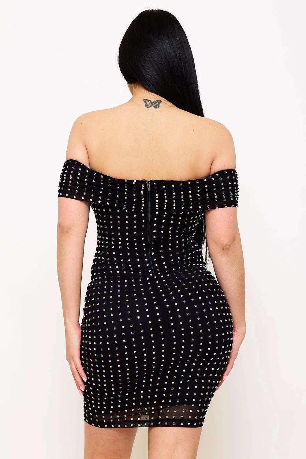 Symphony Dress - Square Rhinestone On Power Mesh Off The Shoulder Midi Dress