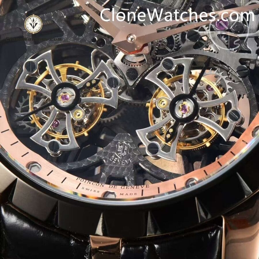 Roger Dubuis Super Clone Watches 1:1 Excalibur Rose Gold Skeleton Double Flying Tourbillon RDDBEX0397 45MM