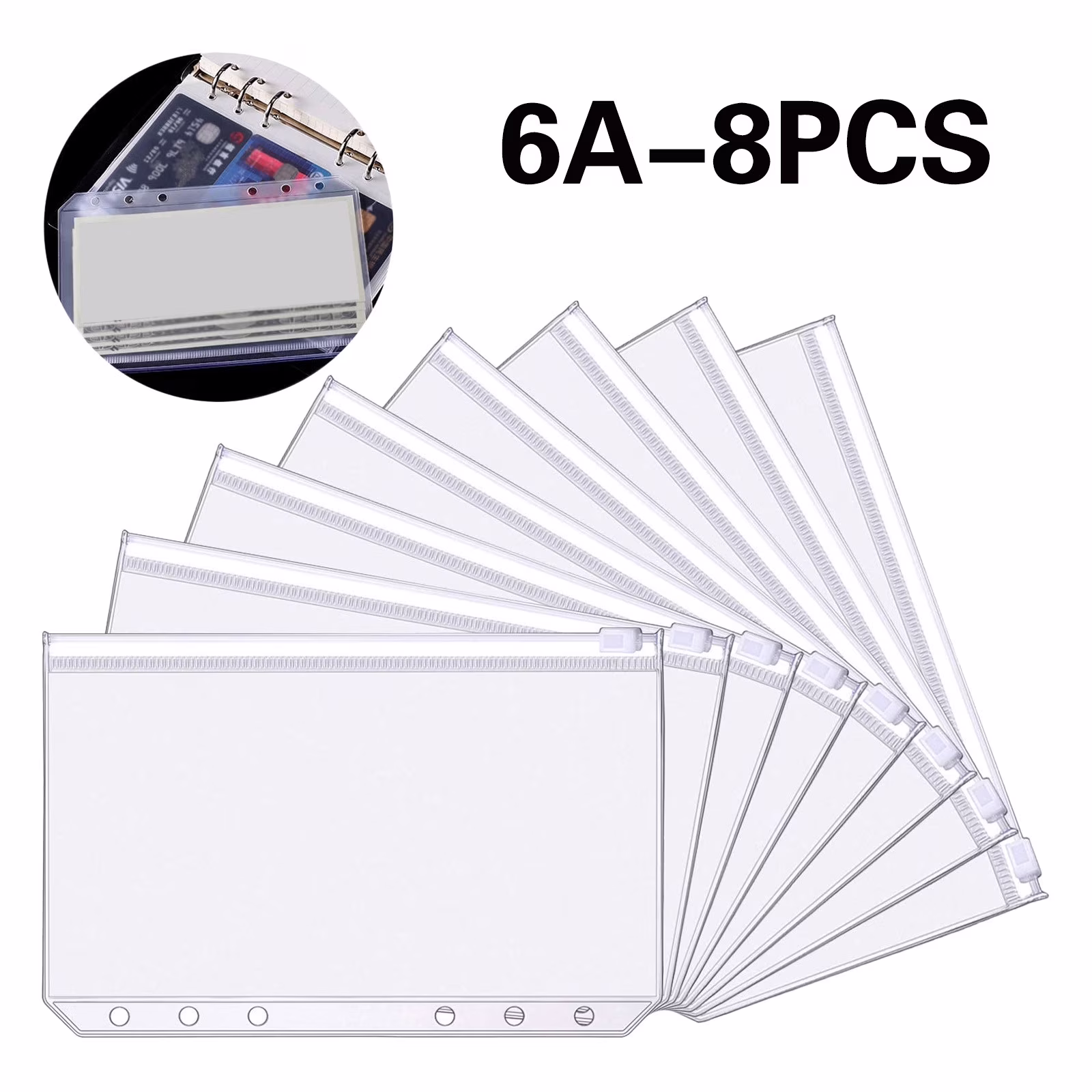 8 PCS A6 Binder Pockets, Plastic Pouches, Clear Zipper Pouch Folders, Clear Pencil Pouch, Cash Envelopes, Clear Waterproof Envelope Pouch with Zipper for Office Supplies