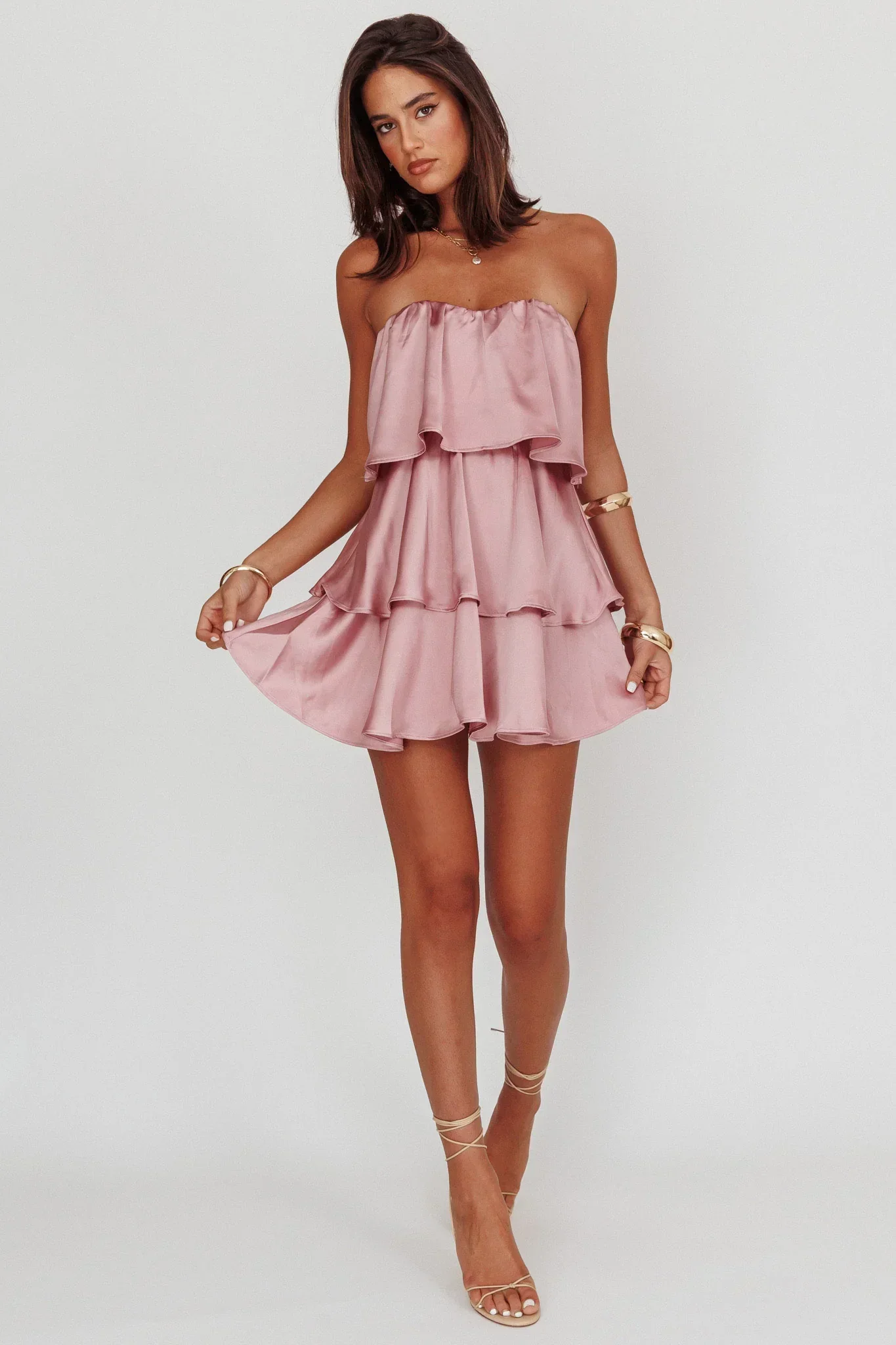 Behati Tiered Layer Strapless Dress Dusty Rose