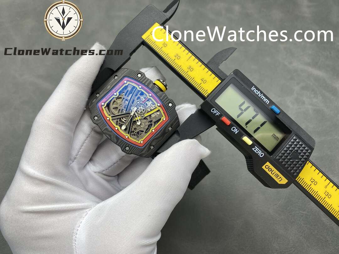 Richard Mille Super Clone Watches 1:1 RM 67 – 02 Carbon Tourbillon Red & Yellow Inner Bezel Black Strap