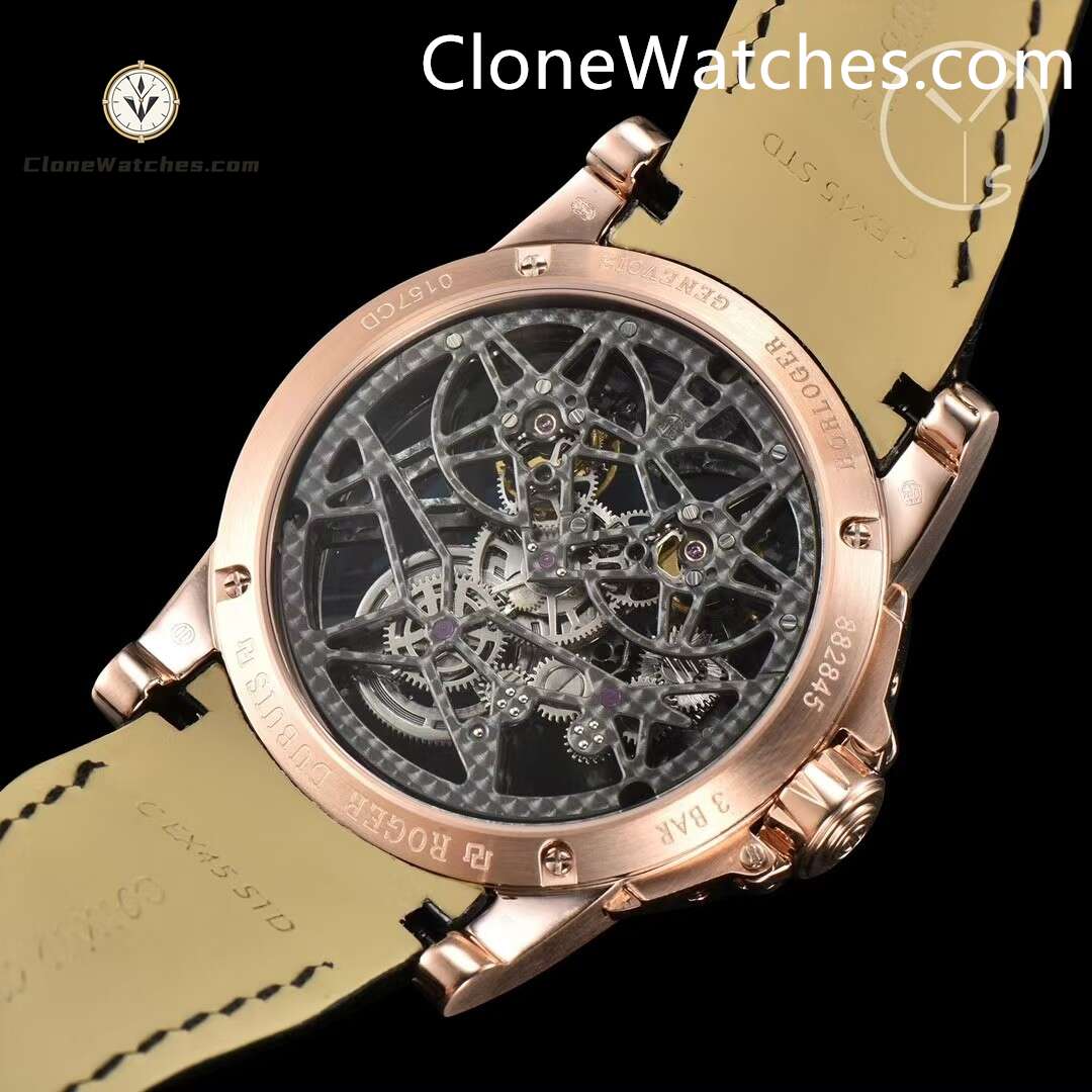 Roger Dubuis Super Clone Watches 1:1 Excalibur Rose Gold Skeleton Double Flying Tourbillon RDDBEX0397 45MM