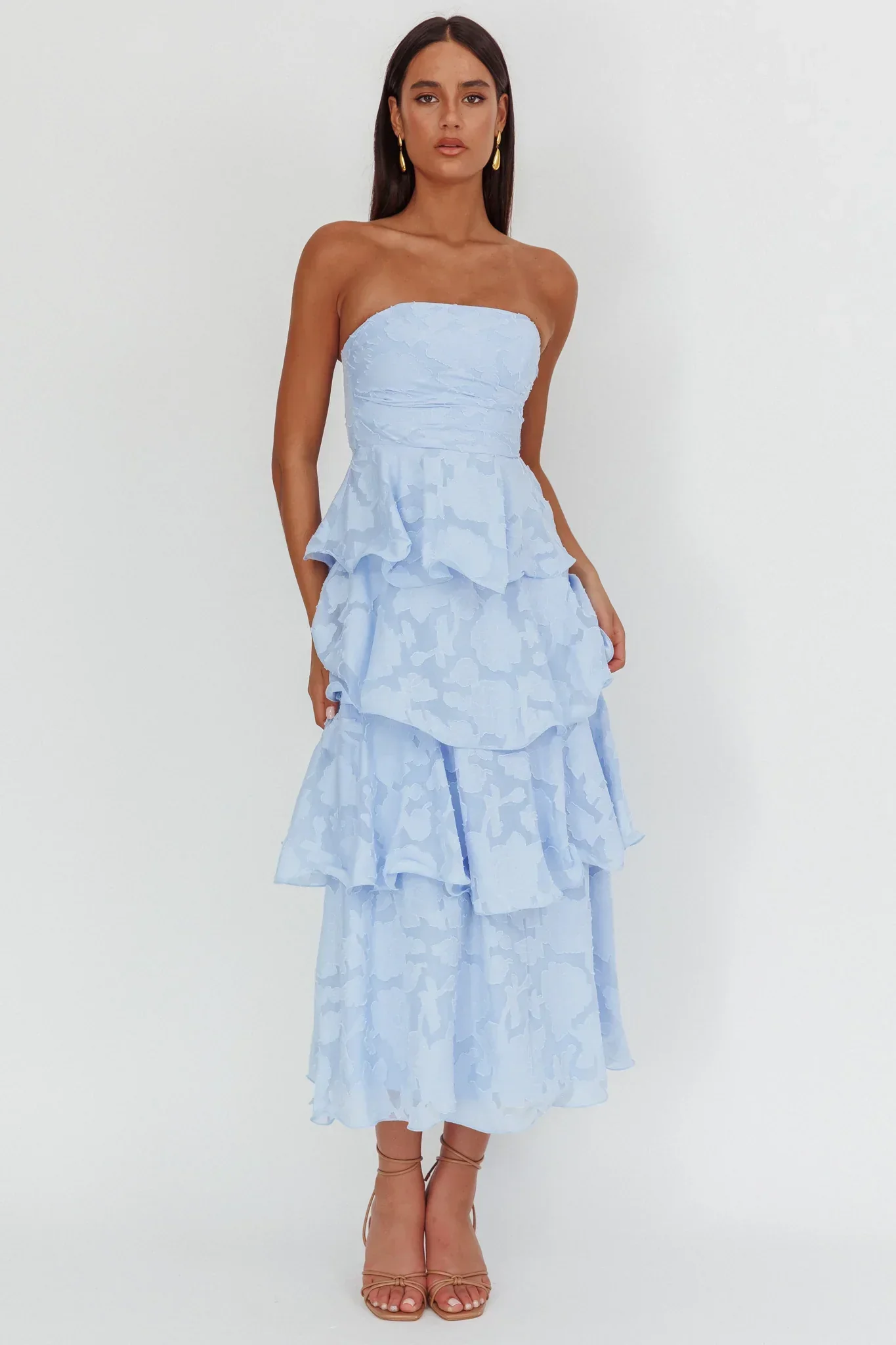 Giavana Strapless Layered Midi Dress Floral Embossed Blue