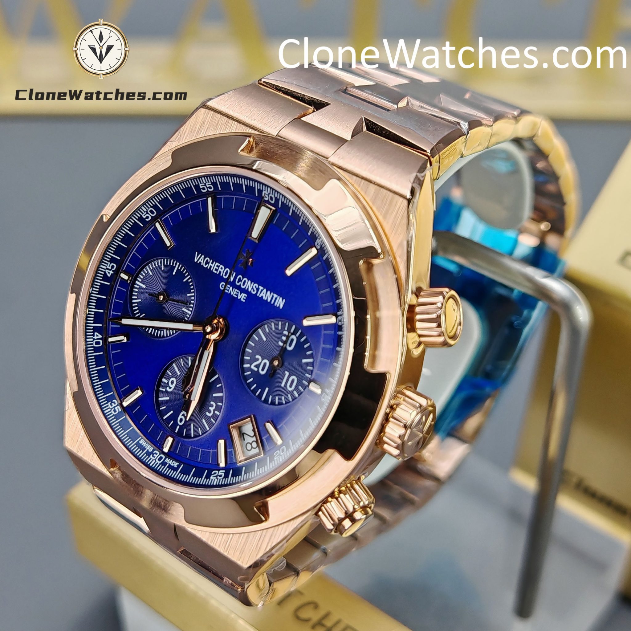 Vacheron Constantin Super Clone Watches 1:1 Overseas Chronograph Rose Gold 5500V/110R-B952 Blue Dial